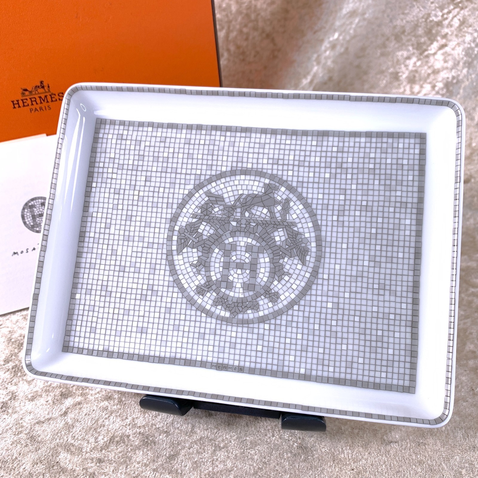 Hermes Paris Rectangle Tray Sushi Plate Mosaique au 24 Platinum Porcelain w/Case