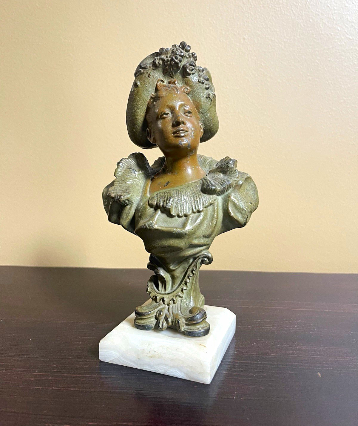 Antique Art Nouveau Spelter Lady Bust Alabaster Base c1900 Floral Hat 9”