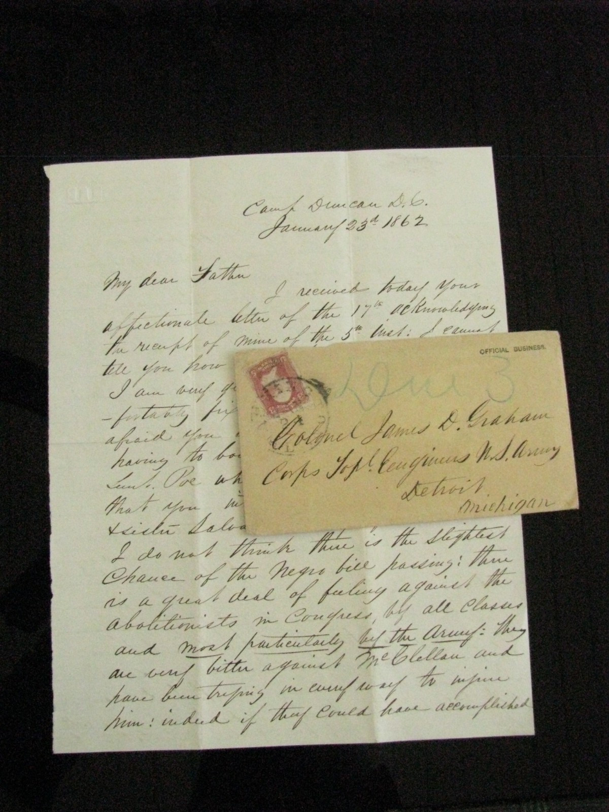 CIVIL WAR LETTER LINCOLN- FREMONT DISPUTE COLONEL JAMES D GRAHAM US ENGINEERS
