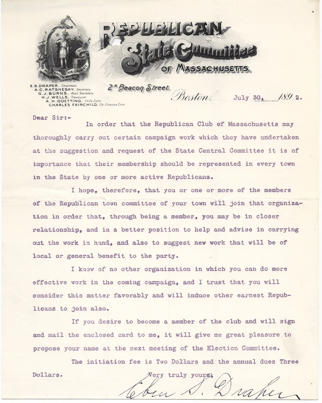 1892 REPUBLICAN STATE COMMITTEE OF MASSACHUSETTS BEACON ST CAMPAIGN WORK CLUB
