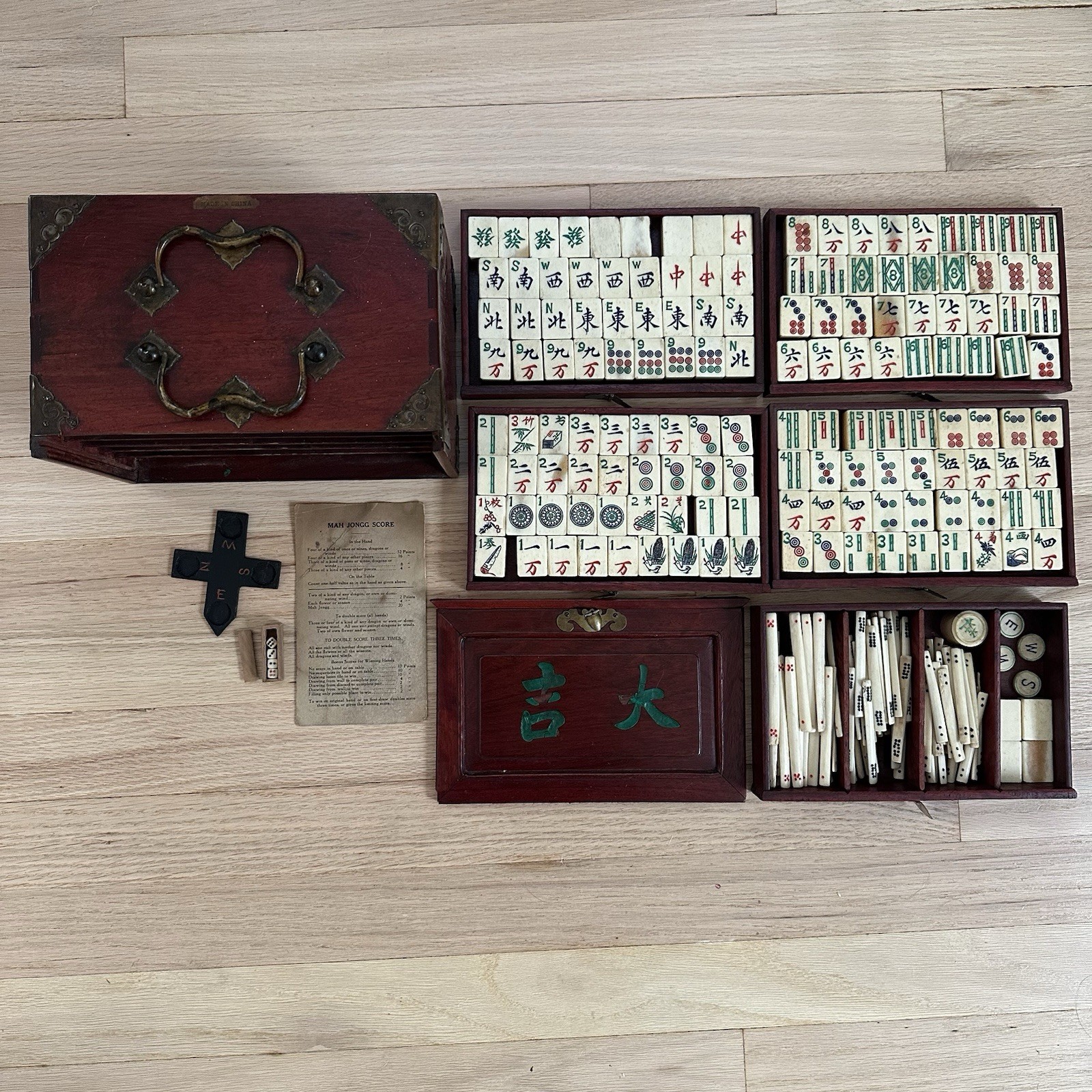 Antique 1920’s Chinese Wooden Mahjong Set 5 drawer Box w/ 148 Tiles