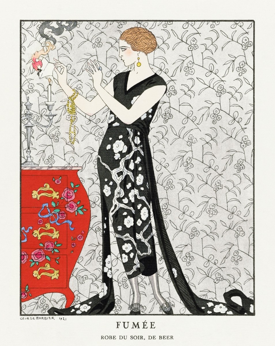 1921 Art Deco French Fumée: Robe du soir, de Beer  Advertisement Poster Print