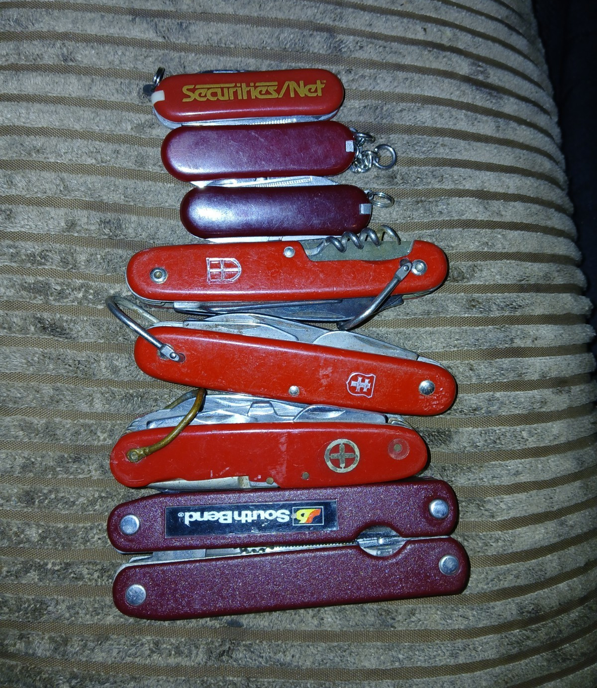 Lot of 7 Red Swiss-Style Pocketknives Multi-Blade Corkscrew Slipjoint