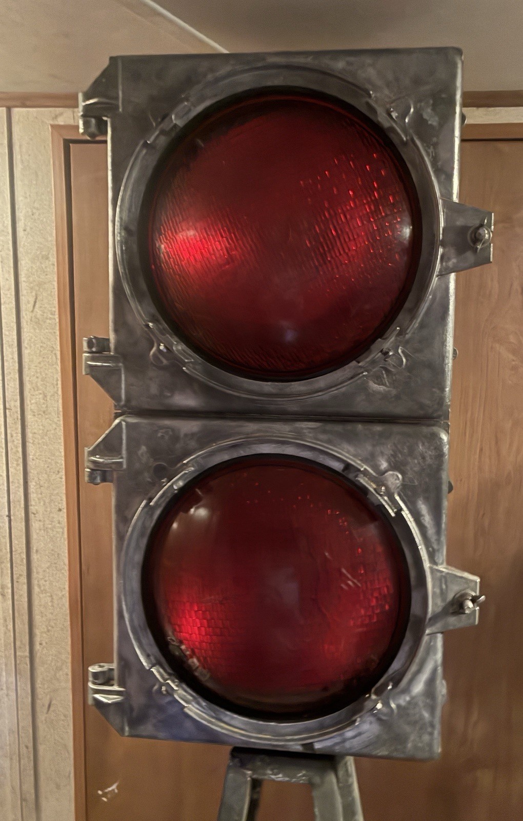 1959 Vintage Traffic Signal Light on Metal Stand, 2-Light Red Lenses
