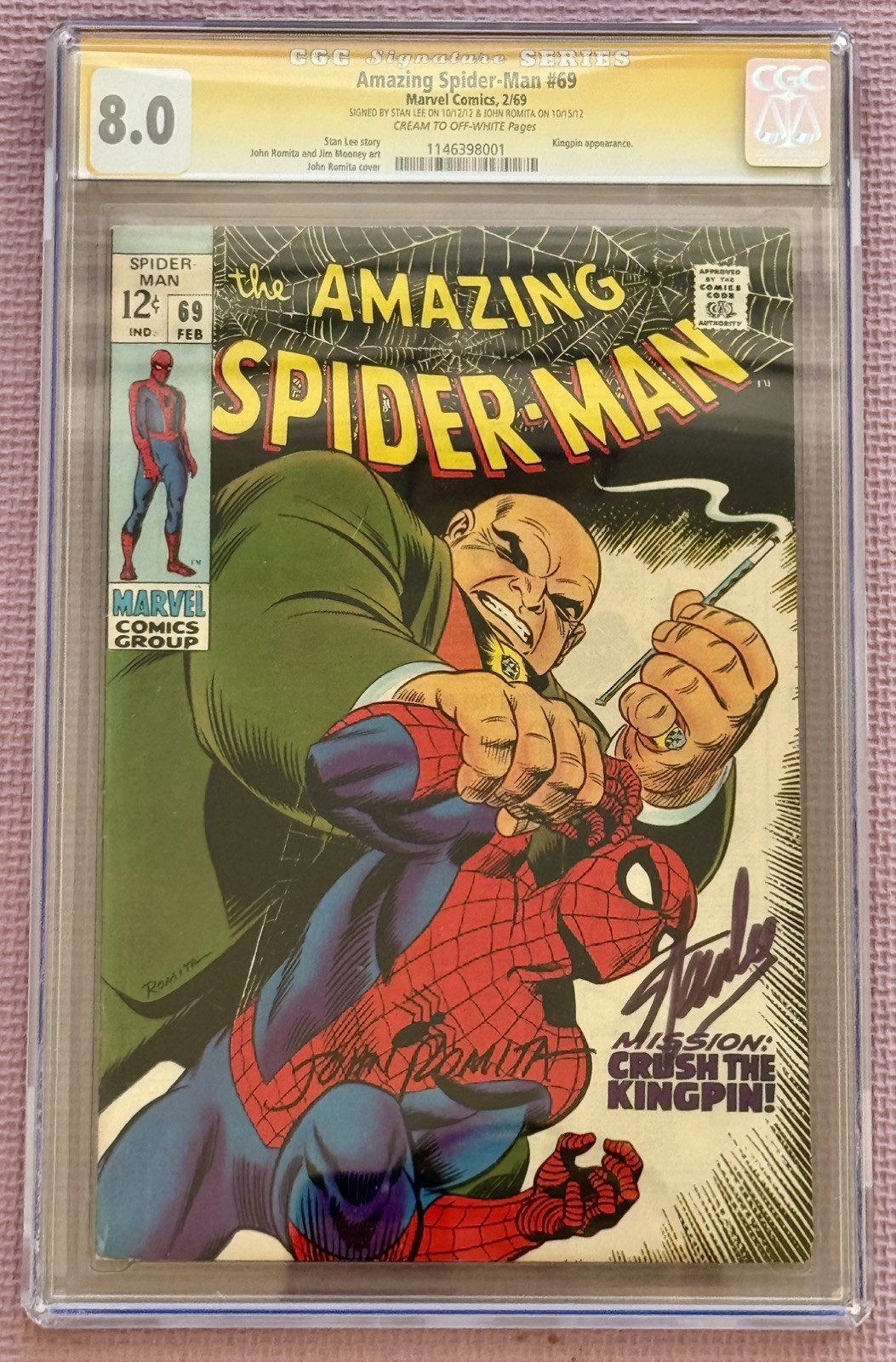 1969 AMAZING SPIDER-MAN CGC SS 8.0 SIGNED BY STAN LEE & JOHN ROMITA KINGPIN APP