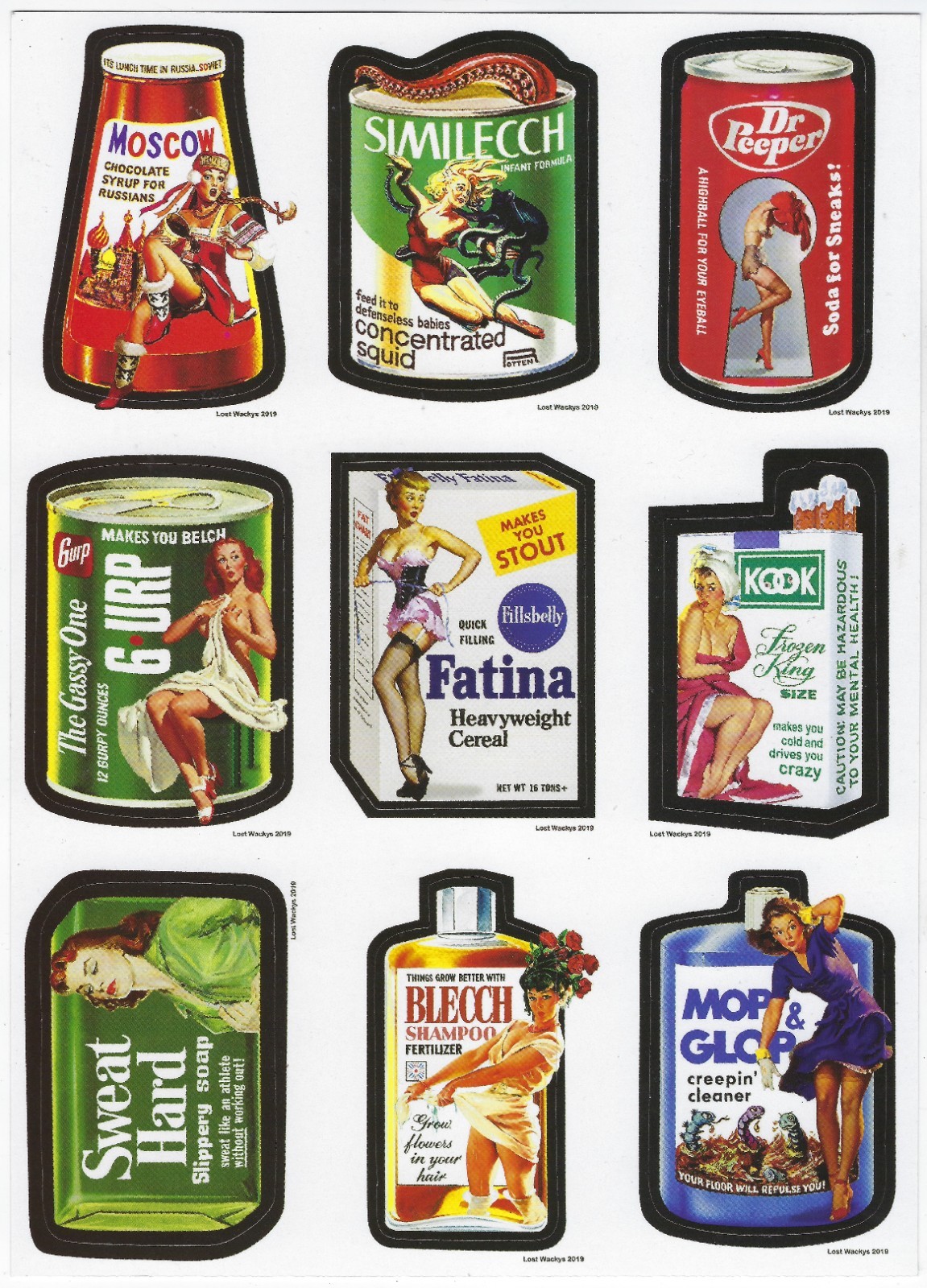 2019 Lost Wacky Pack Pin-up Variations 9th Series FULL STICKER SET UNCUT SHEET