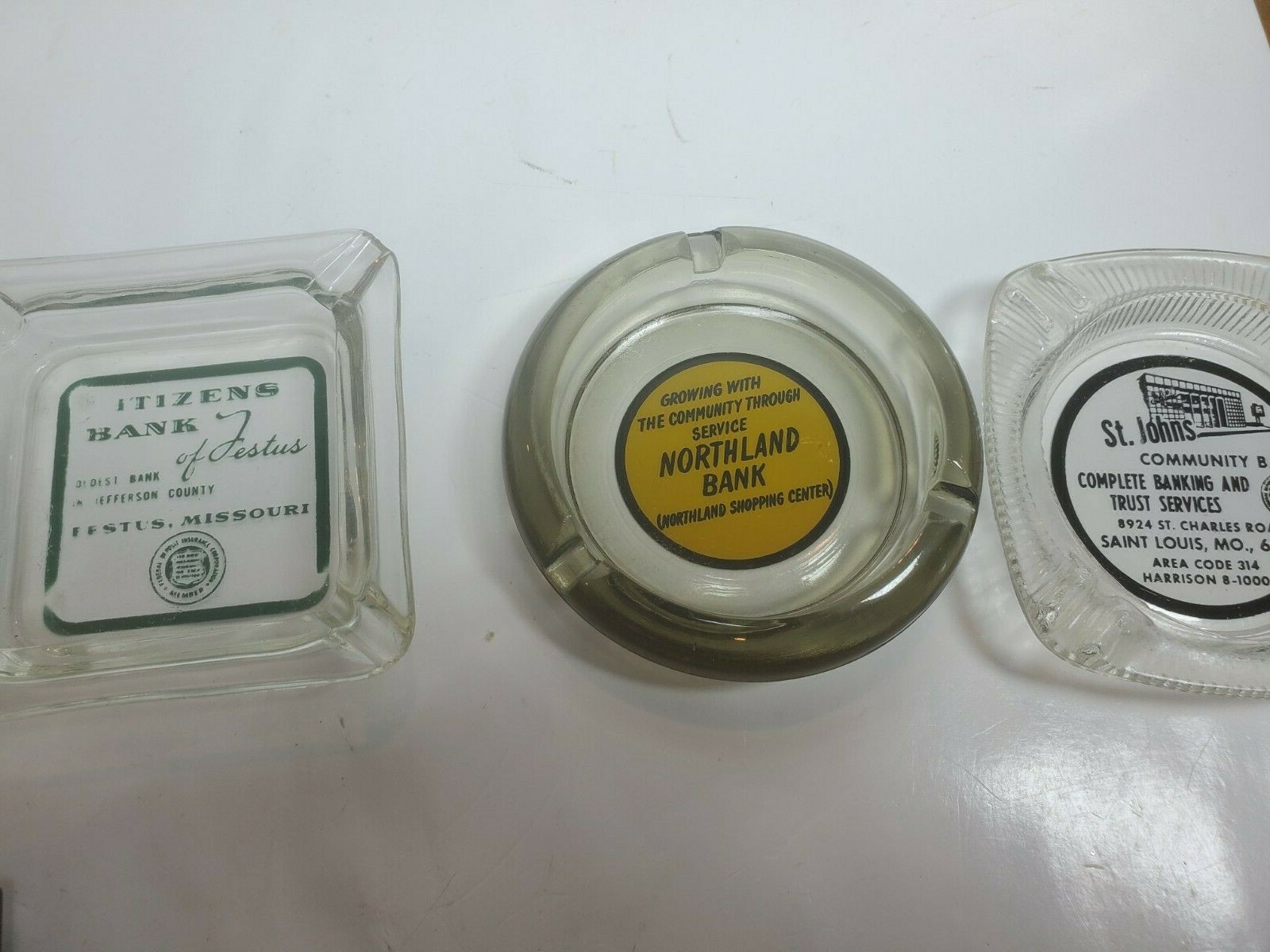 Vintage Glass  Ashtrays Citizens  Bank St. Johns Northland Missouri Festus Flat