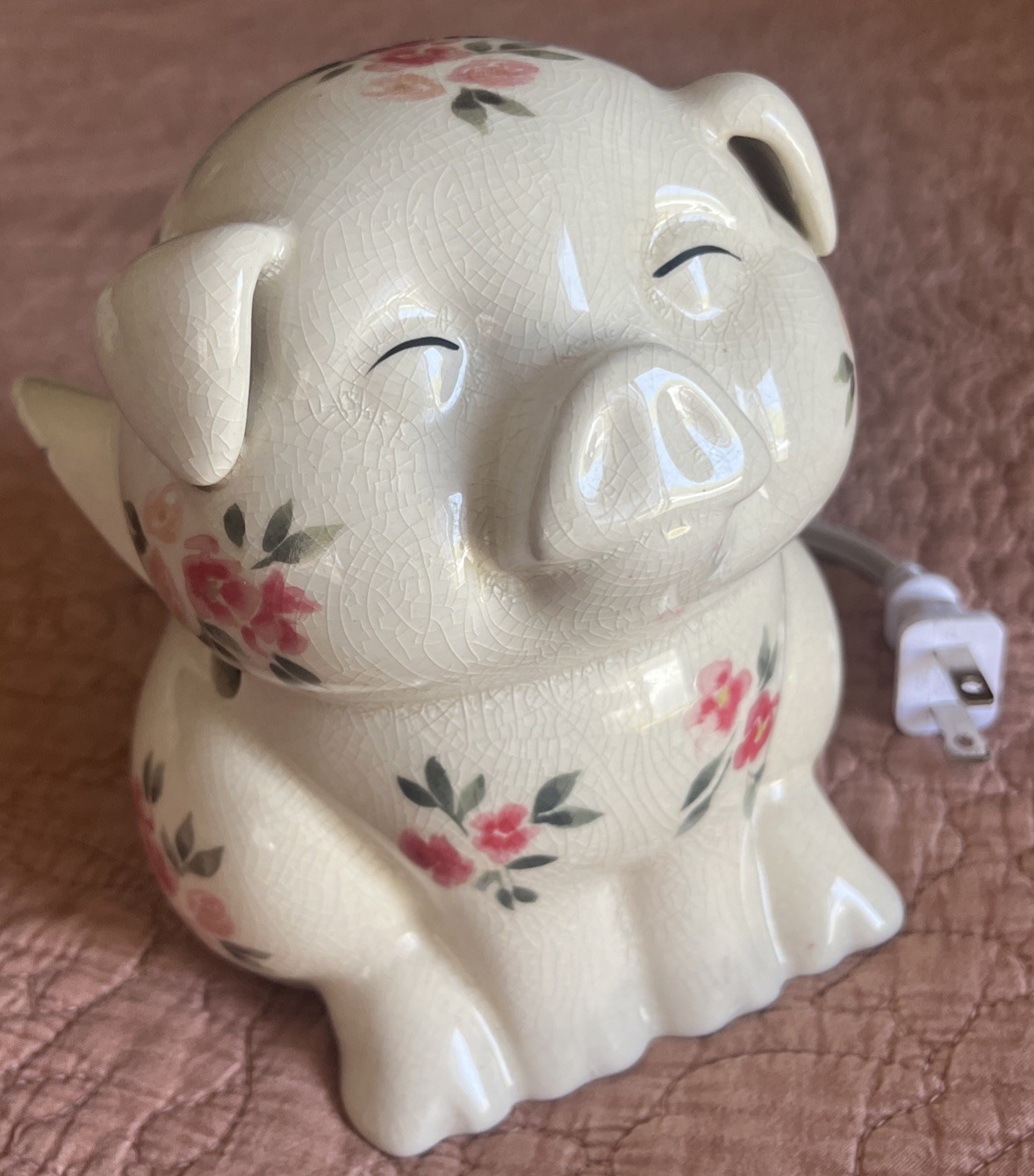 Vintage 1990s Flying Pig Night Light Floral Pink Whimsical Cottagecore Lamp