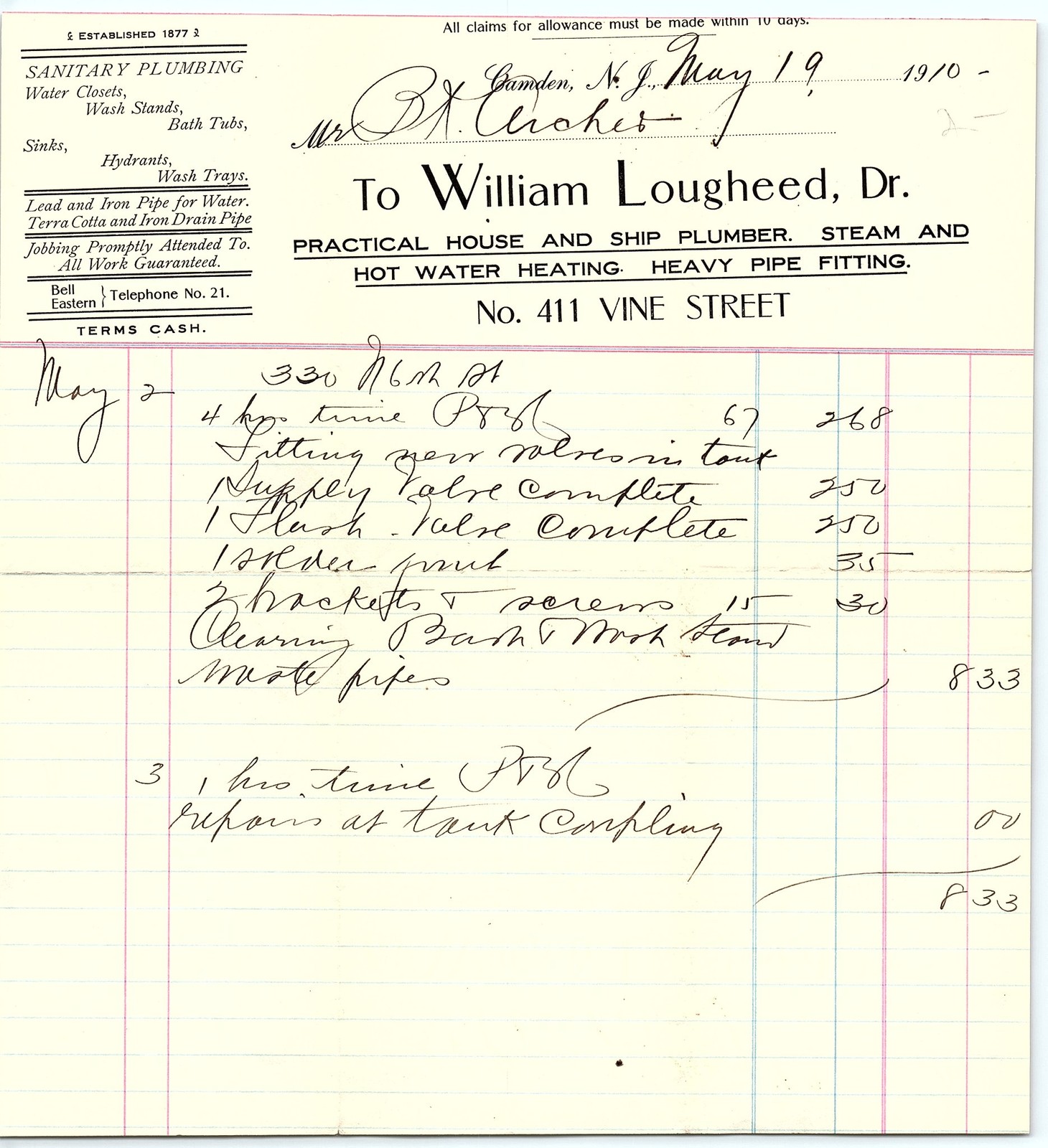 1910 Camden, NJ Plumbing Billhead - D. A. Croker