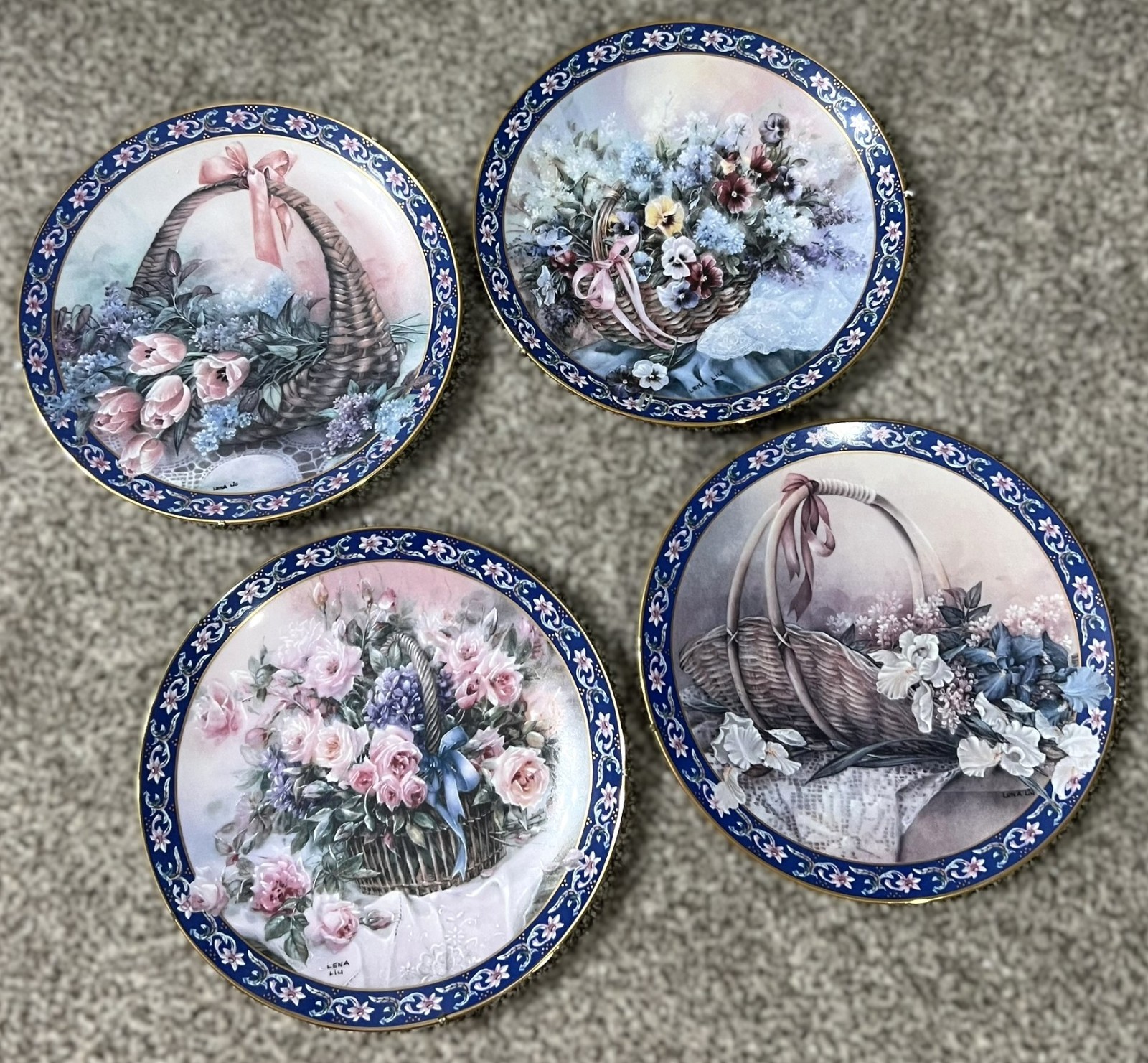 VTG W.S. George Lena Liu “Basket Bouquets” Plate Set of 4 w/ COAs Pristine