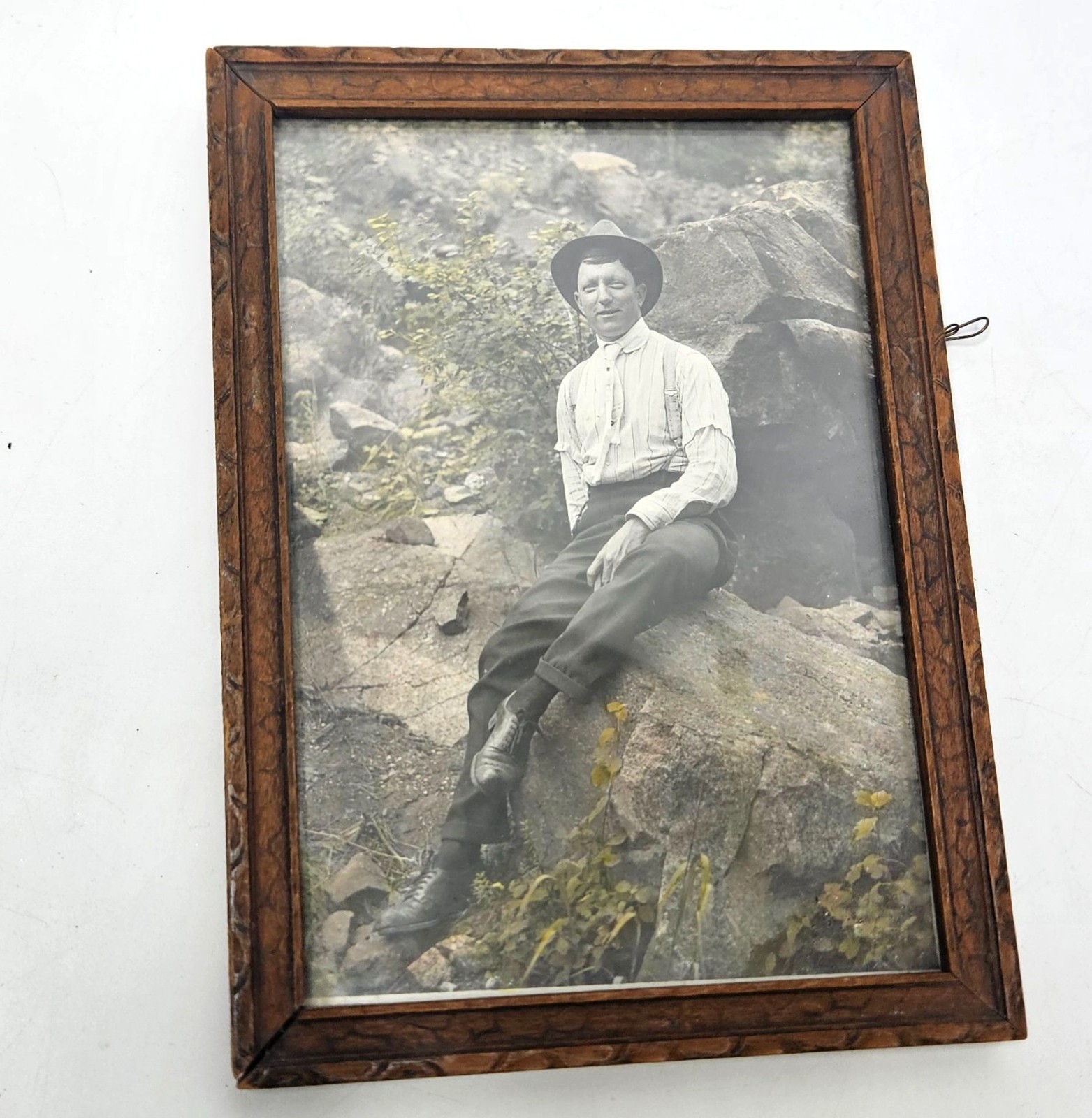 Antique Hand Colored Photo Of Dapper Man In Nature Carved Wooden Frame 6x8