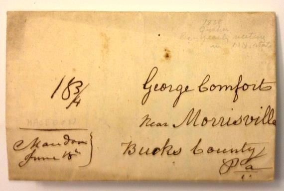 1838 antique STAMPLESS LETTER COVER~SAM COMFORT to CHILDREN macedon nj bucks pa