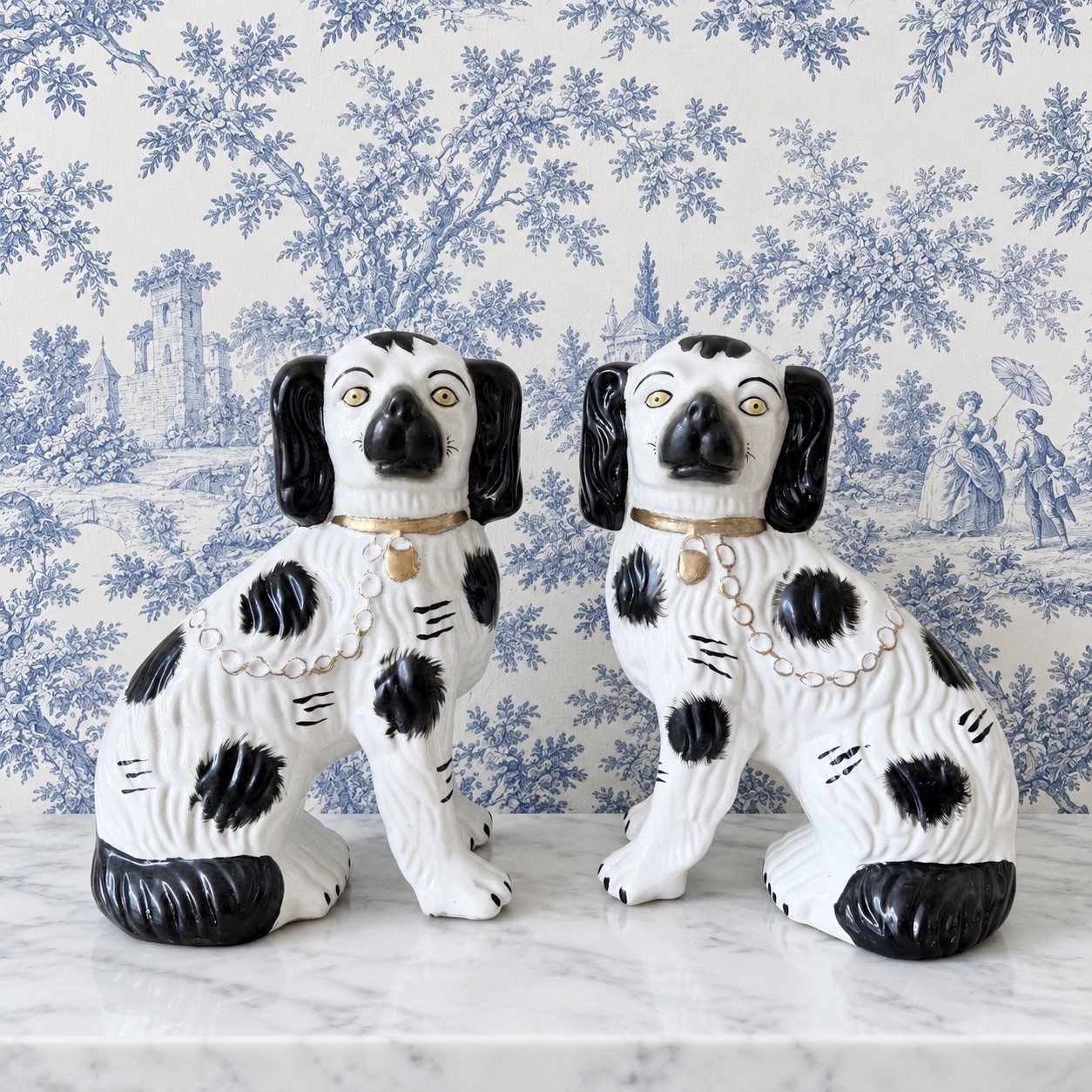 Pair of Black & White Staffordshire 10.5” Spaniel Dogs