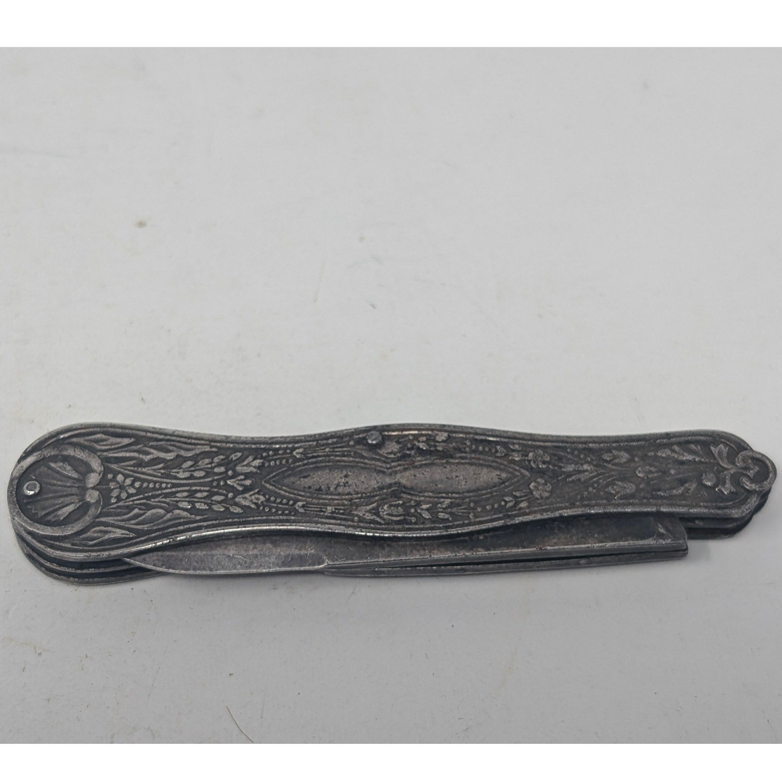 Antique Folding Pocket Fruite Knife Ornate Floral Repousse Silver Tone Metal