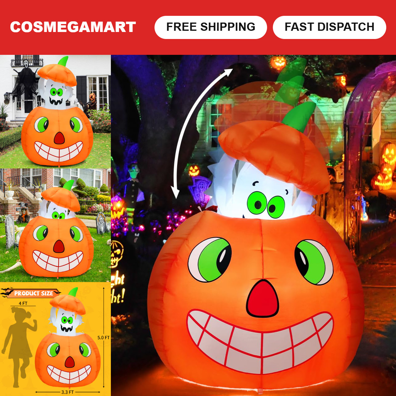 5FT Halloween Inflatable Pumpkin Ghost - Animated Outdoor Yard Decor with LEDs