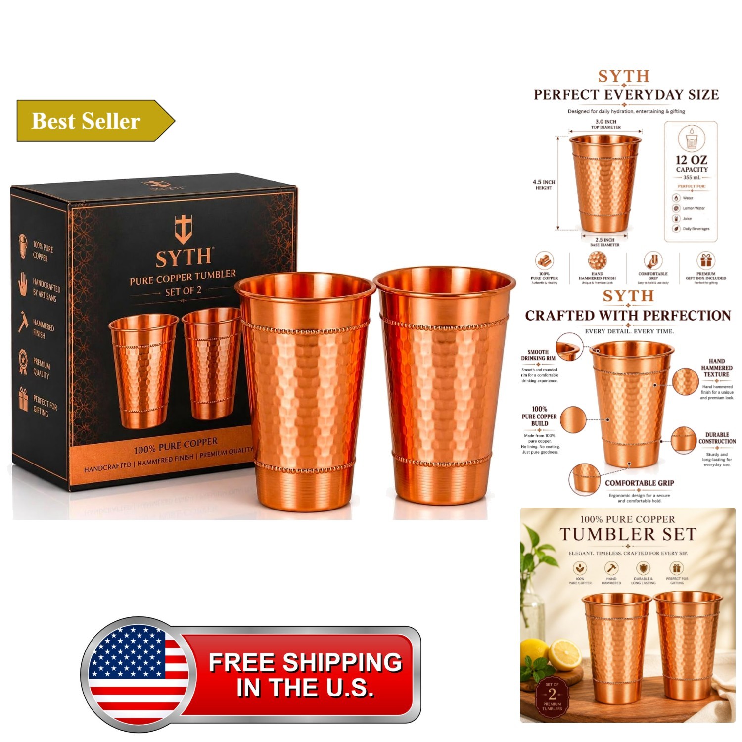 Pure Copper Tumbler Set of 2 – 100% Pure Copper Drinking Cups, Handcrafted Ha... Pure Copper Tumbler Set of 2 – 100% Pure Copper Drinking Cups, Handcrafted Ha...
