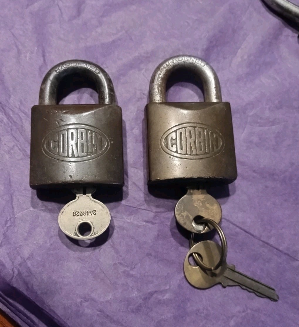 2 Vtg Antique CORBIN BRASS Padlocks W/Keys 1909 PATENT 