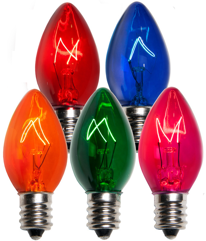 25 C7 Multicolor Incandescent Christmas Light Bulbs 5 Watt Transparent E12 Base
