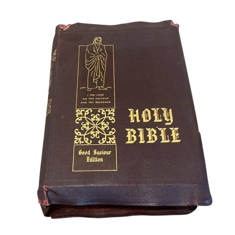 Vintage Leather Holy Bible King James Version Large Brown Good Savior Ed 1950