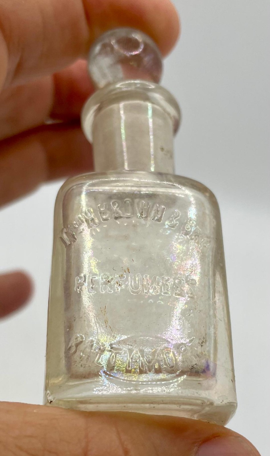 1890s Wm H Brown Co Perfume Bottle with Stopper Baltimore MD Embossed Hand Blown