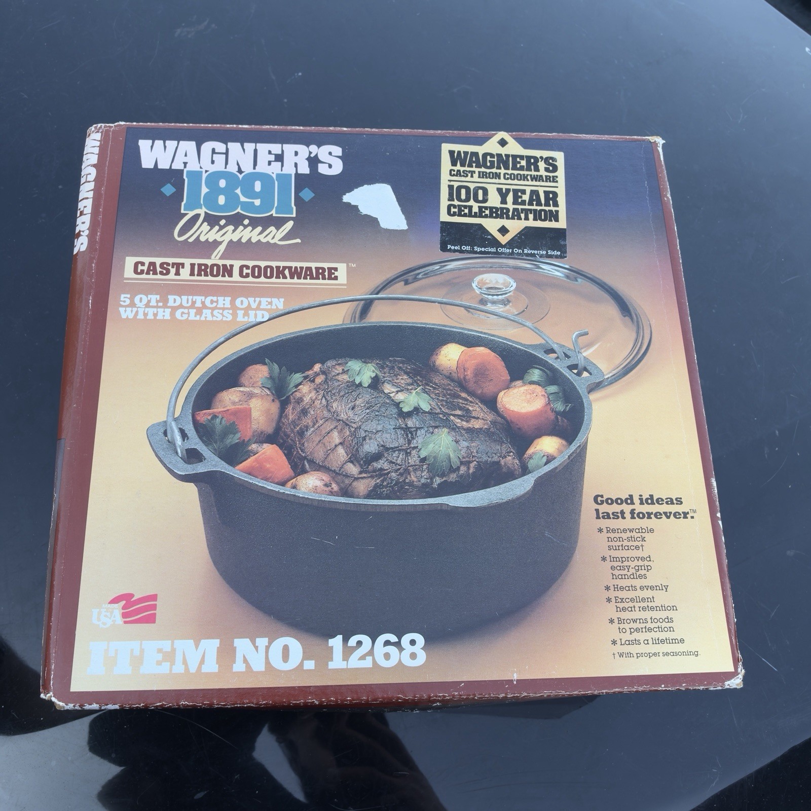 Vtg Wagner Cast Iron 5 Qt Dutch Oven 1268 With Pyrex Glass Lid New In Box RARE⭐️