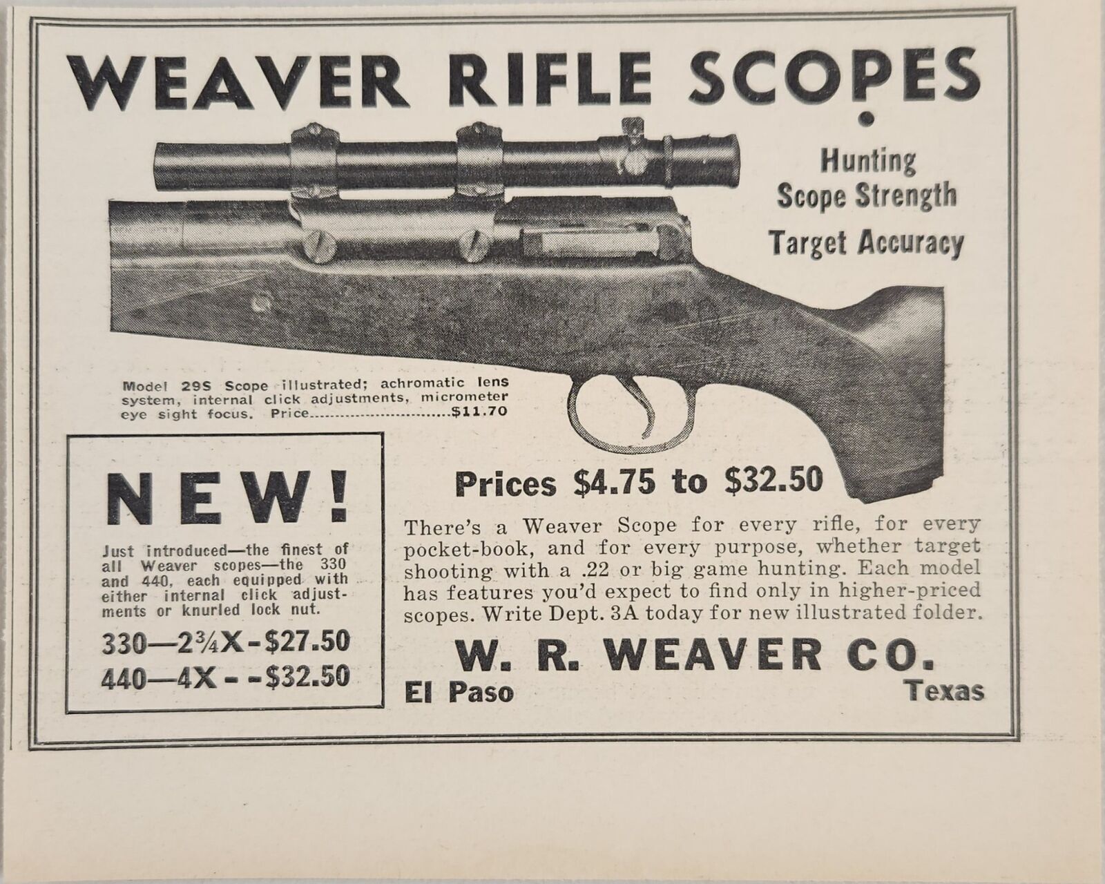 1937 Print Ad Weaver Rifle Scopes for Hunting & Target Rifles El Paso,Texas 1937 Print Ad Weaver Rifle Scopes for Hunting & Target Rifles El Paso,Texas