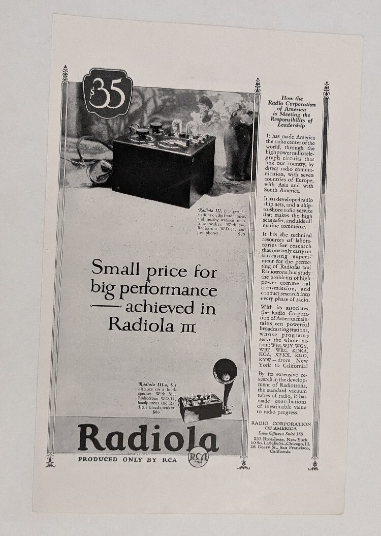 1924 RCA Radiola III Vintage Print Ad USA Radio Collectible EUC Original 