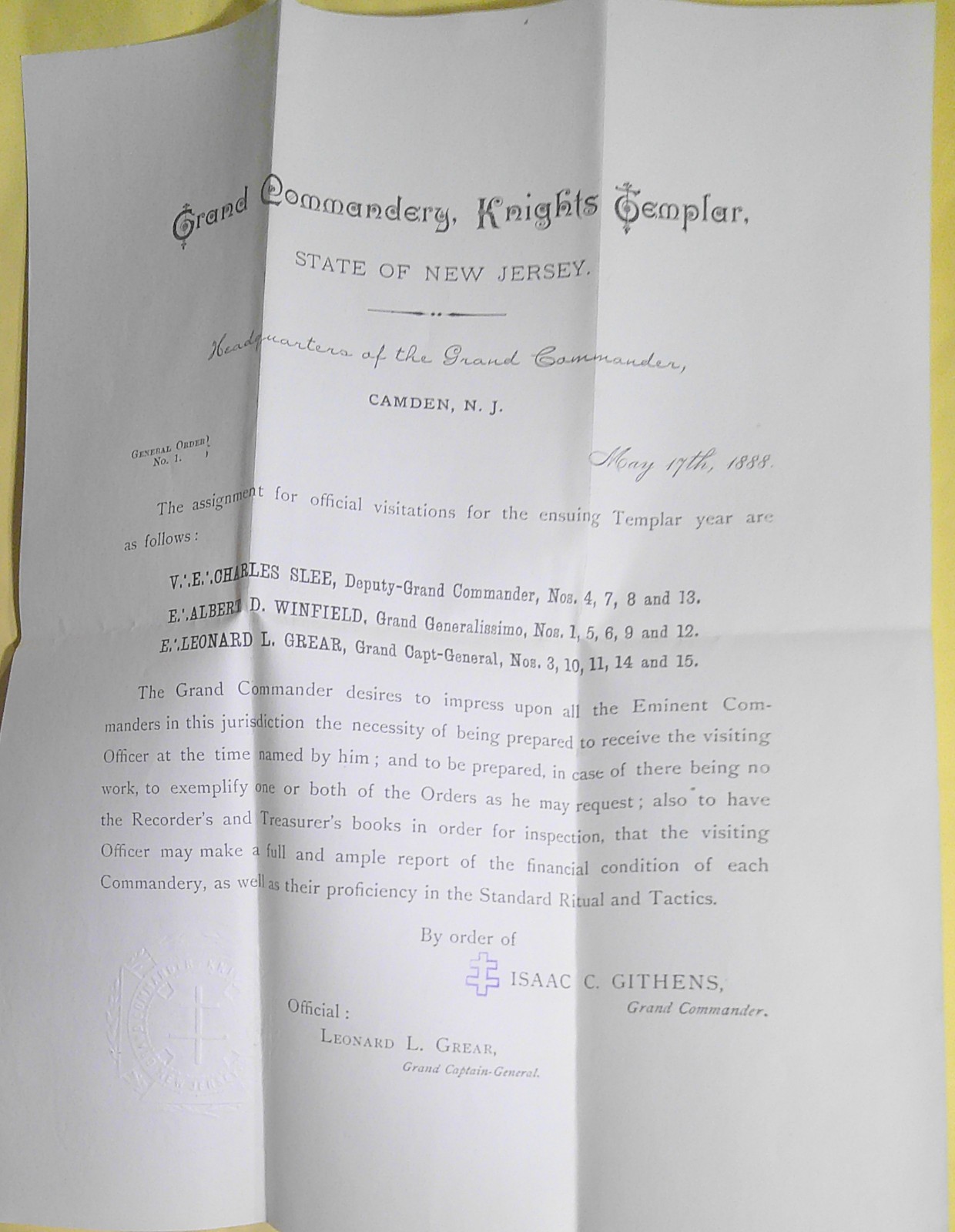 1888 New Jersey Grand Commandery General Order No 1 Knights Templar Visitations 1888 New Jersey Grand Commandery General Order No 1 Knights Templar Visitations