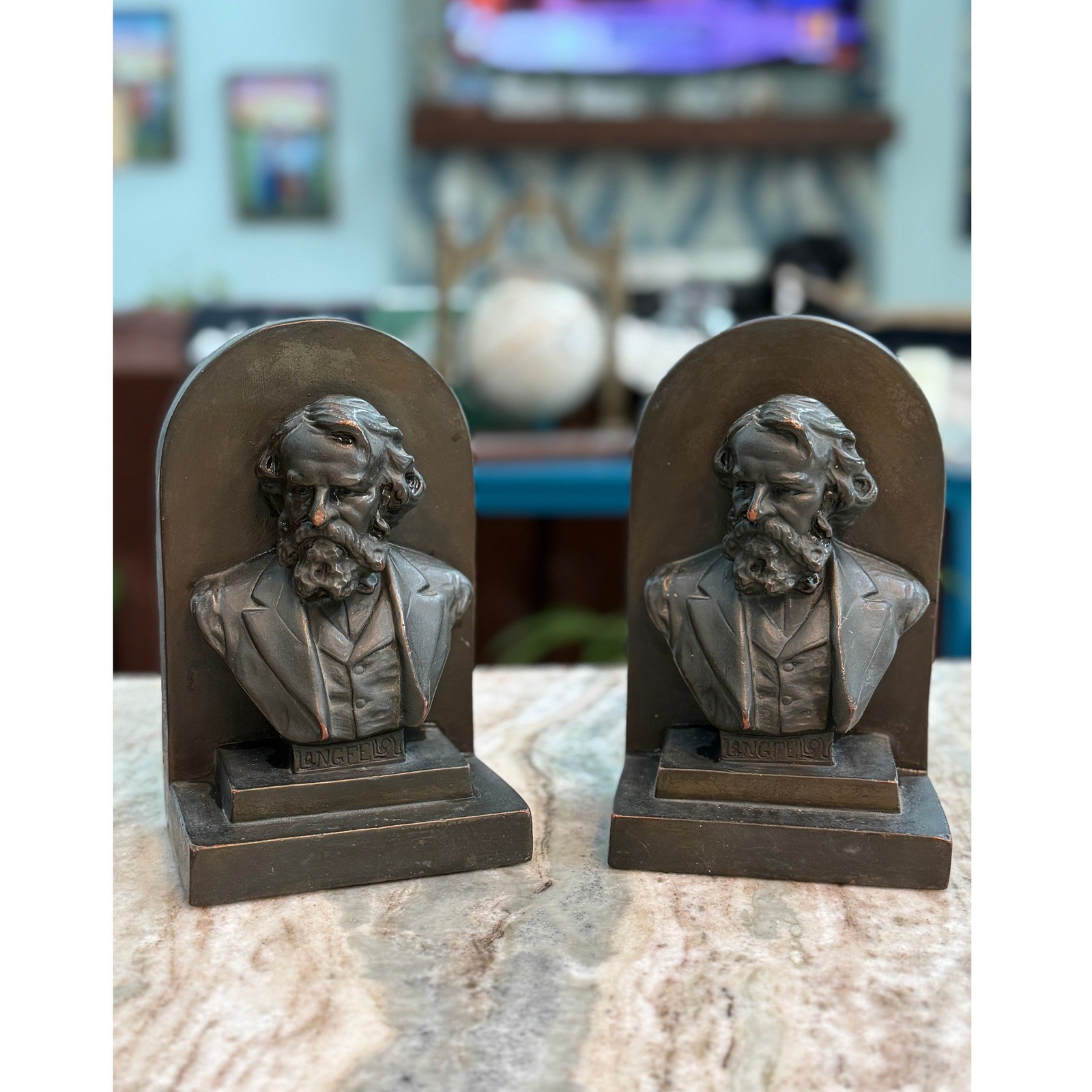 Antique 1923 P Mori Henry Wadsworth Longfellow Bronze Clad Bookends Signed Pair