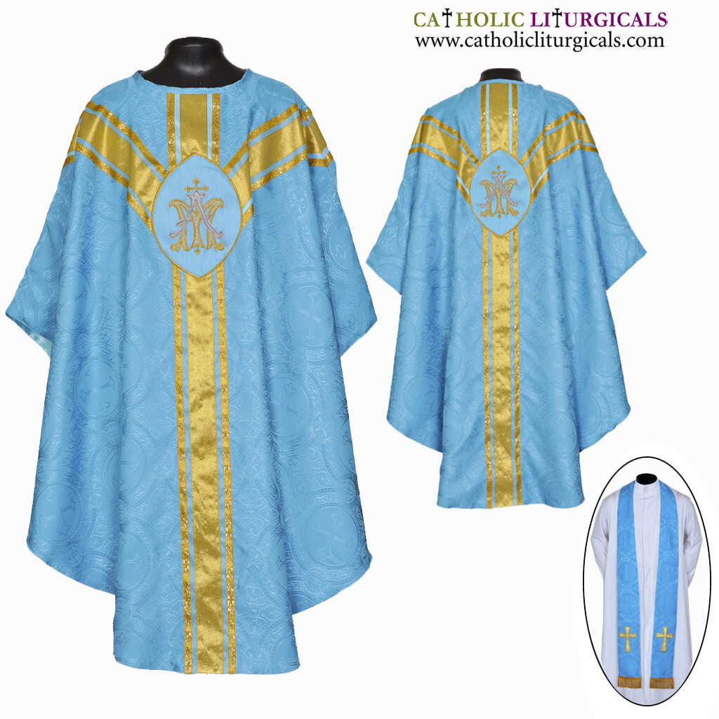 Marian BLUE Ave Maria Gothic vestment and stole set ,Gothic chasuble,casel NEW