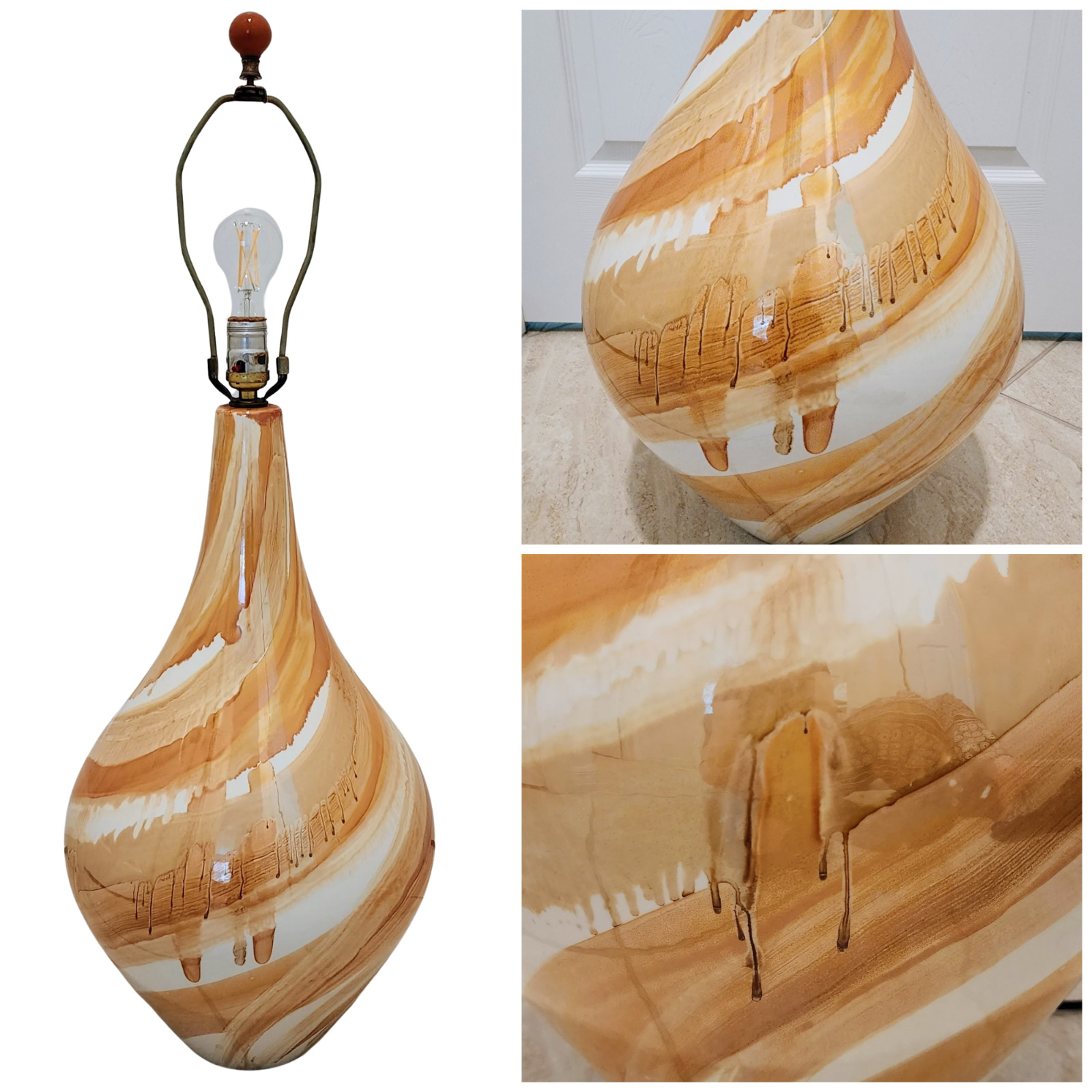 Vintage Mid-Century Modern Ceramic Drip Glaze Table Lamp High Polish Orange Tone