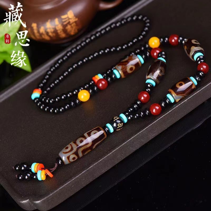Tibetan Nine Eye Three Eye Dzi Bead Necklace Agate Pendant Unisex Sweater Chain