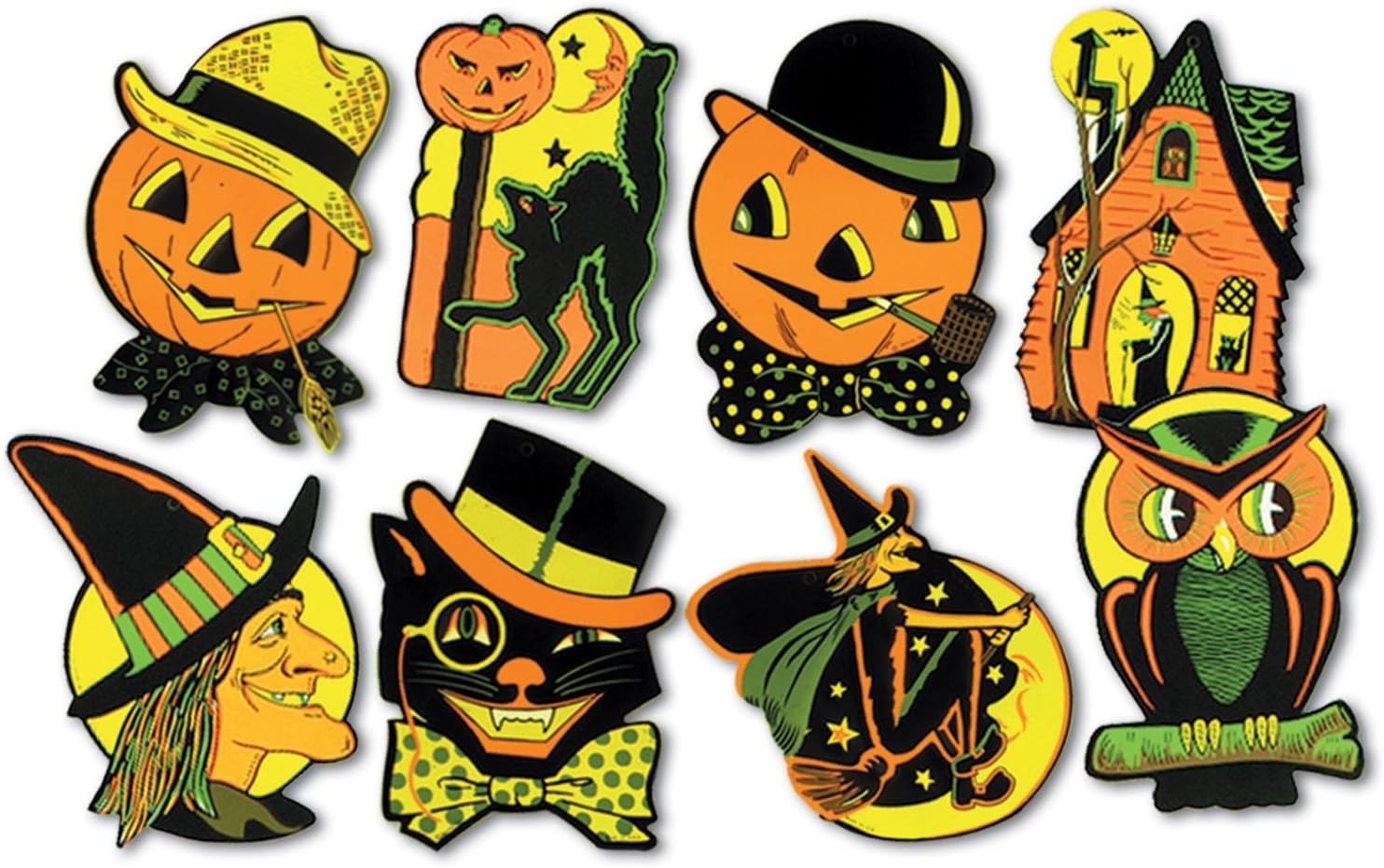 8 Retro Cutout Halloween Decorations Pumpkin Witch Cat Vintage Style by Beistle