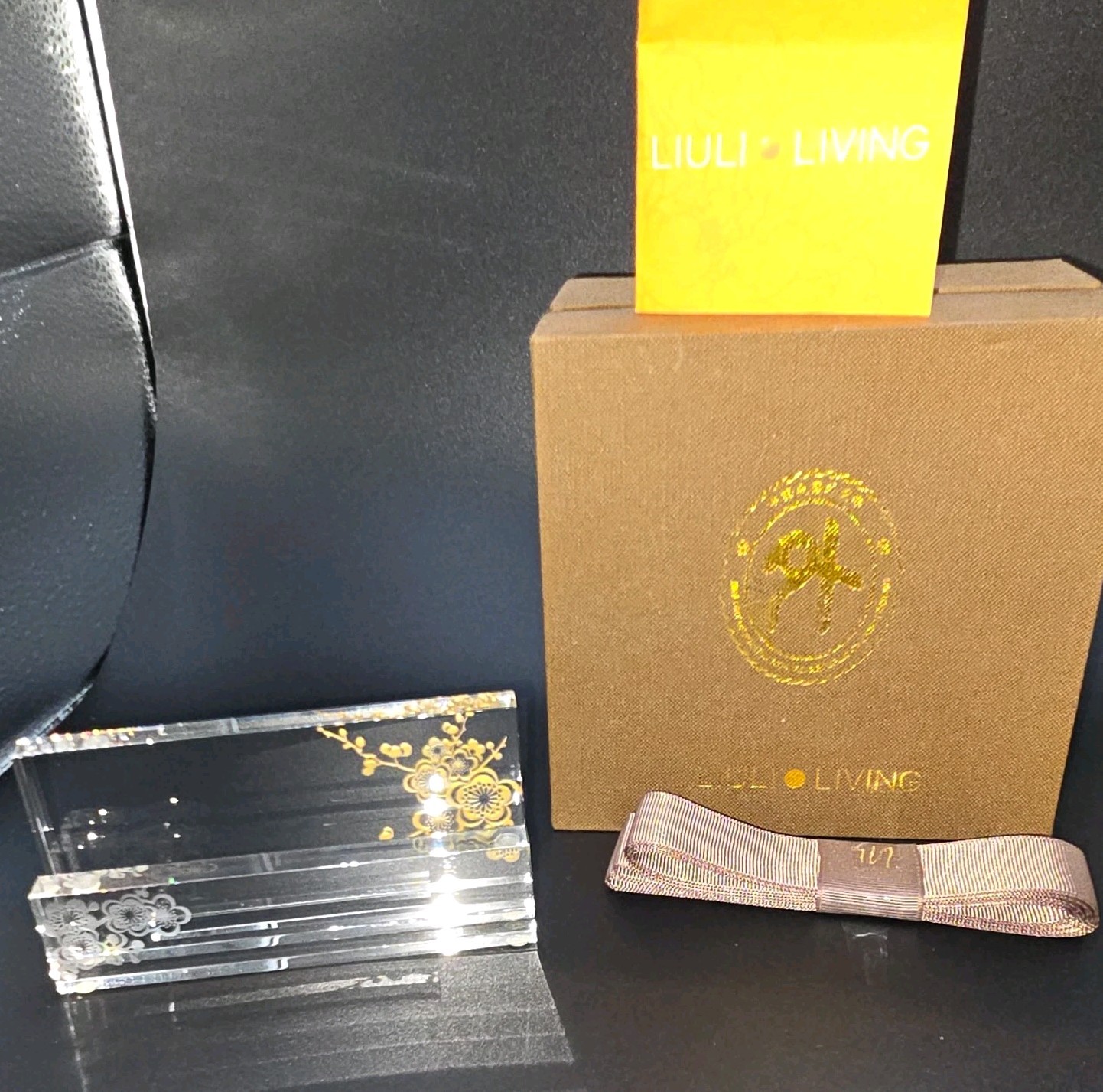 VNTG LIULI Living Crystal Art Business CardHolder Eternal Golden Flower NEWBoxed