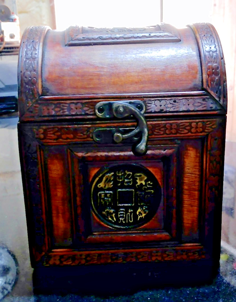 Vintage Chinese Wooden Jewelry Box Treasure Chest Trunk Brass Lock Velvet Lined