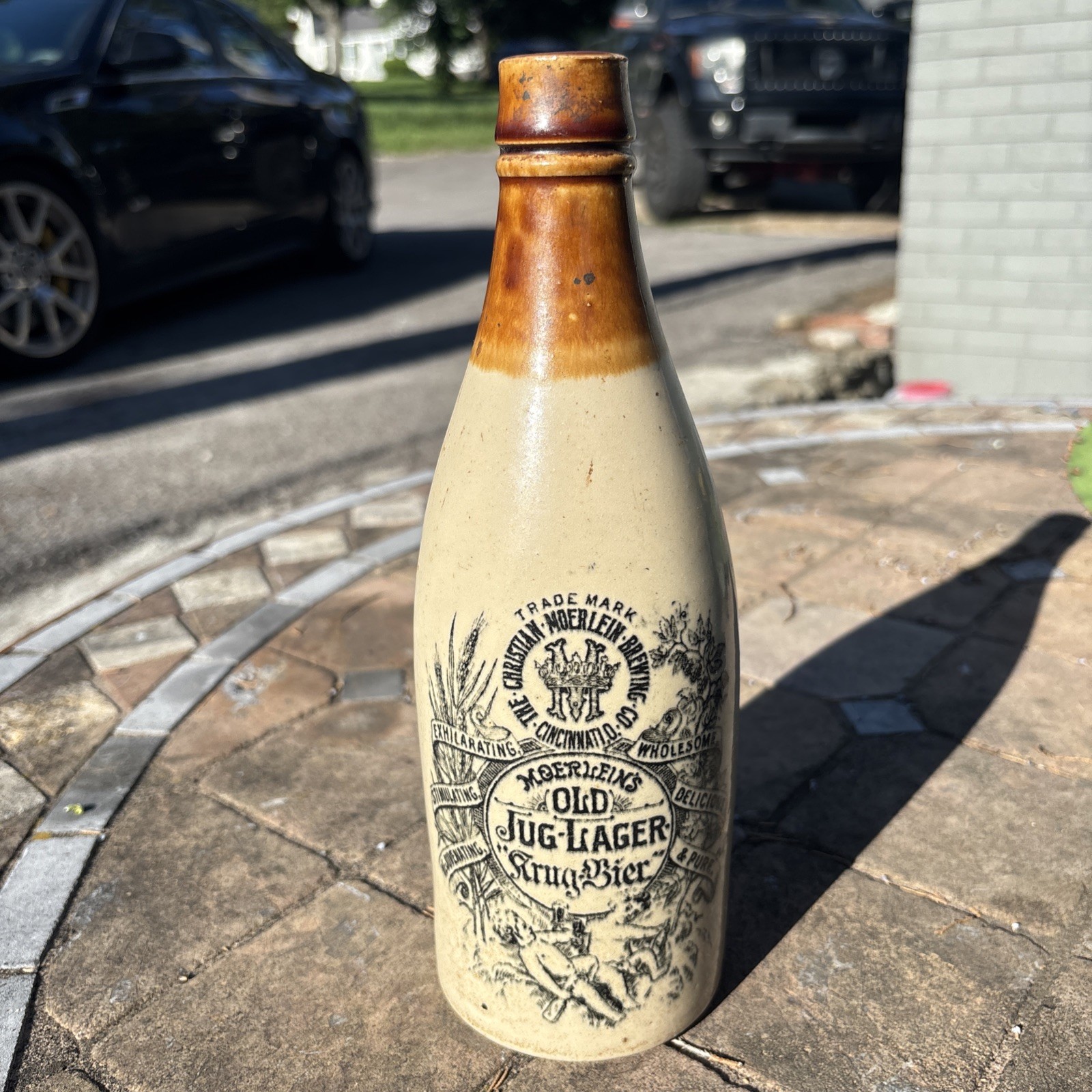 Pre-Pro Antique Moerlein Old Jug Lager Beer Stoneware Bottle Side Stamp MINT