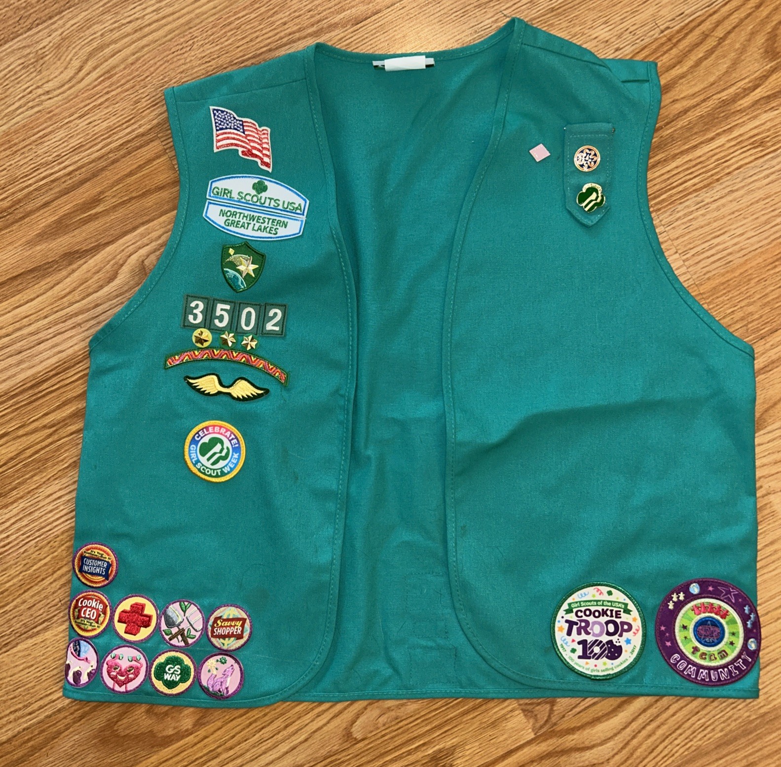 GSA Girl Scouts Green Northwestern Great Lakes Wisconsin Full of patches/ Badges