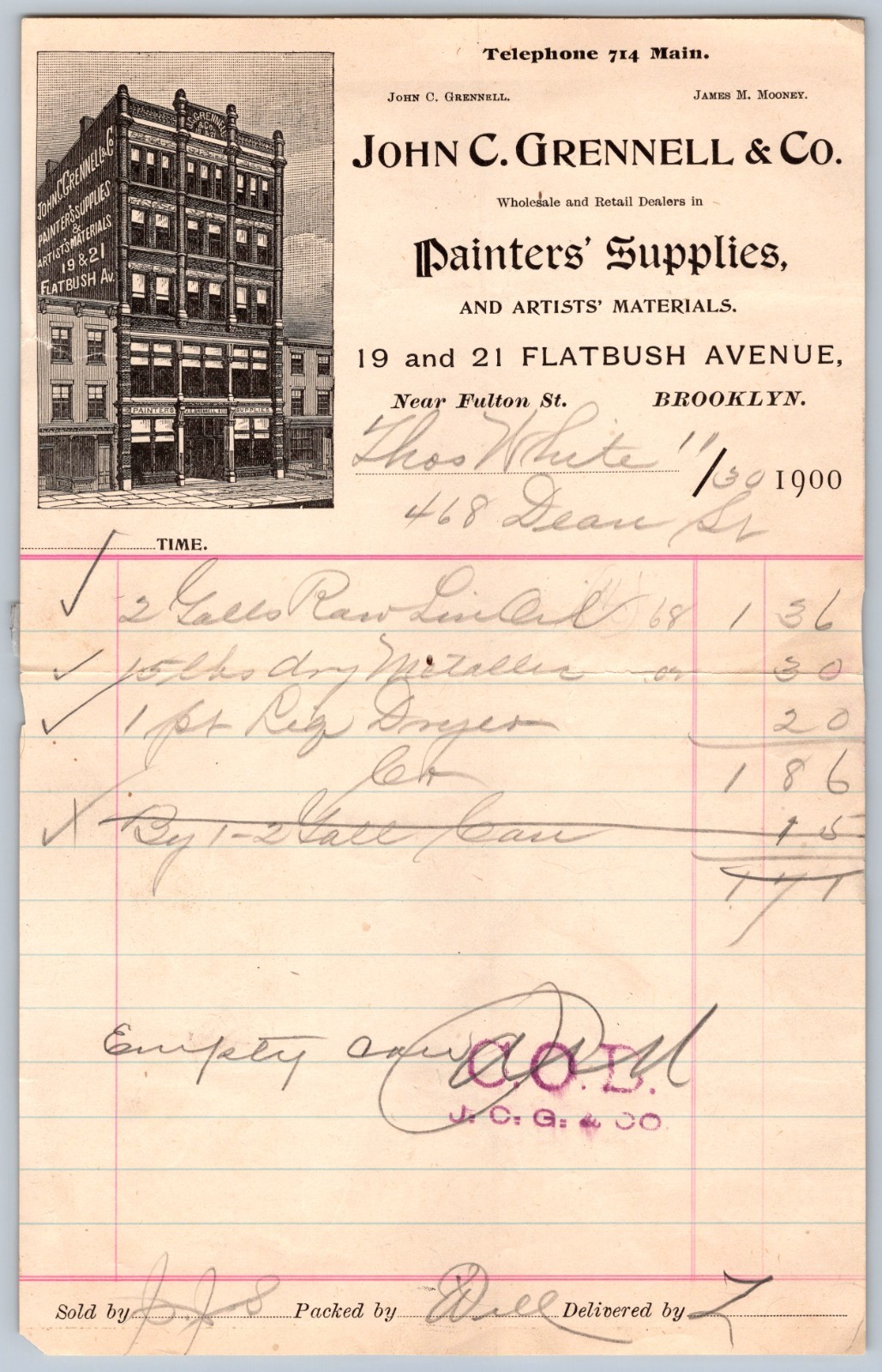 1889 billhead JOHN GRENNELL PAINTERS ARTISTS SUPPLY FLATBUSH AVE BROOKLYN N.Y.