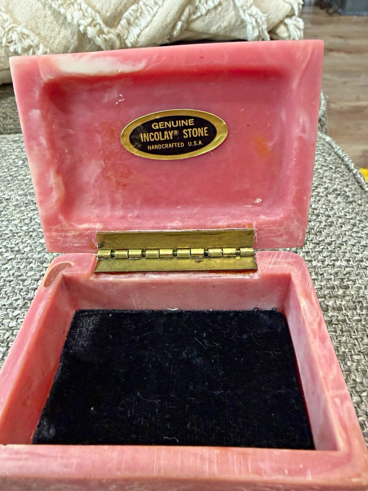 Vintage Genuine INCOLAY Stone Jewelry Box Pink Floral Pontalba New Orleans USA