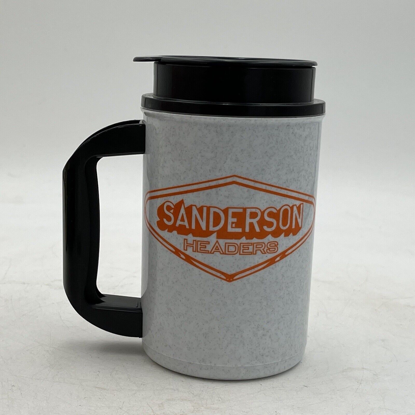 VTG Whirley Drink Car Guy Sanderson Headers Plastic Insulated Coffee Mug Cup USA