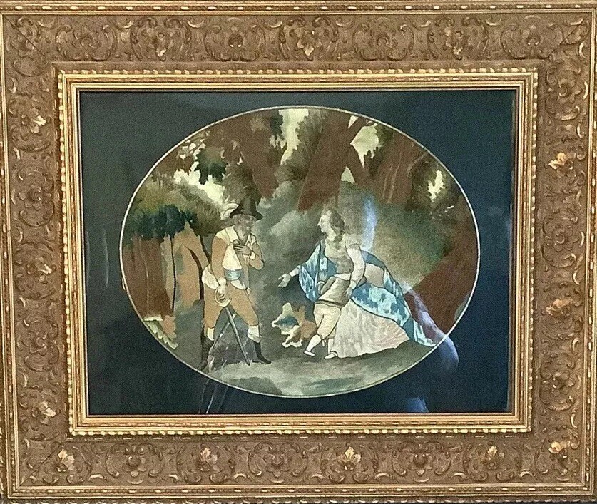 Antique English Silk Embroidery 18th C: Lady, Gentlemen & Boy. Framed