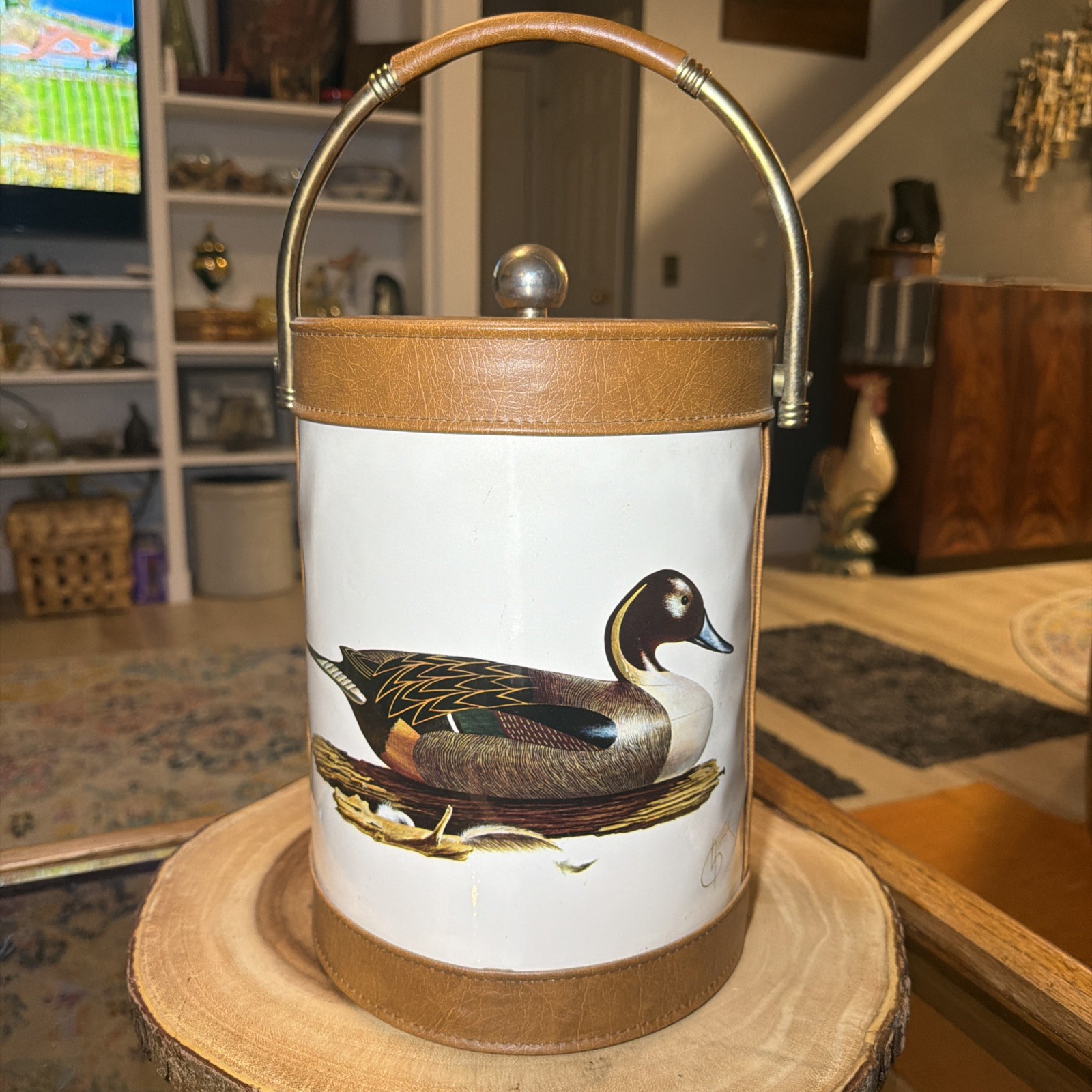 EUC VTG Mid Century Ice Bucket Ducks Pheasants by Sigma Leather Handle Mallard