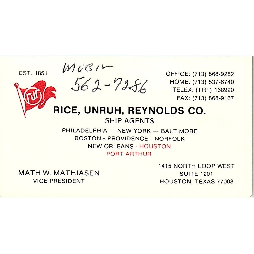 Math W Mathiasen Rice, Unruh, Reynolds Co Houston Vintage Business Card SC9-B1