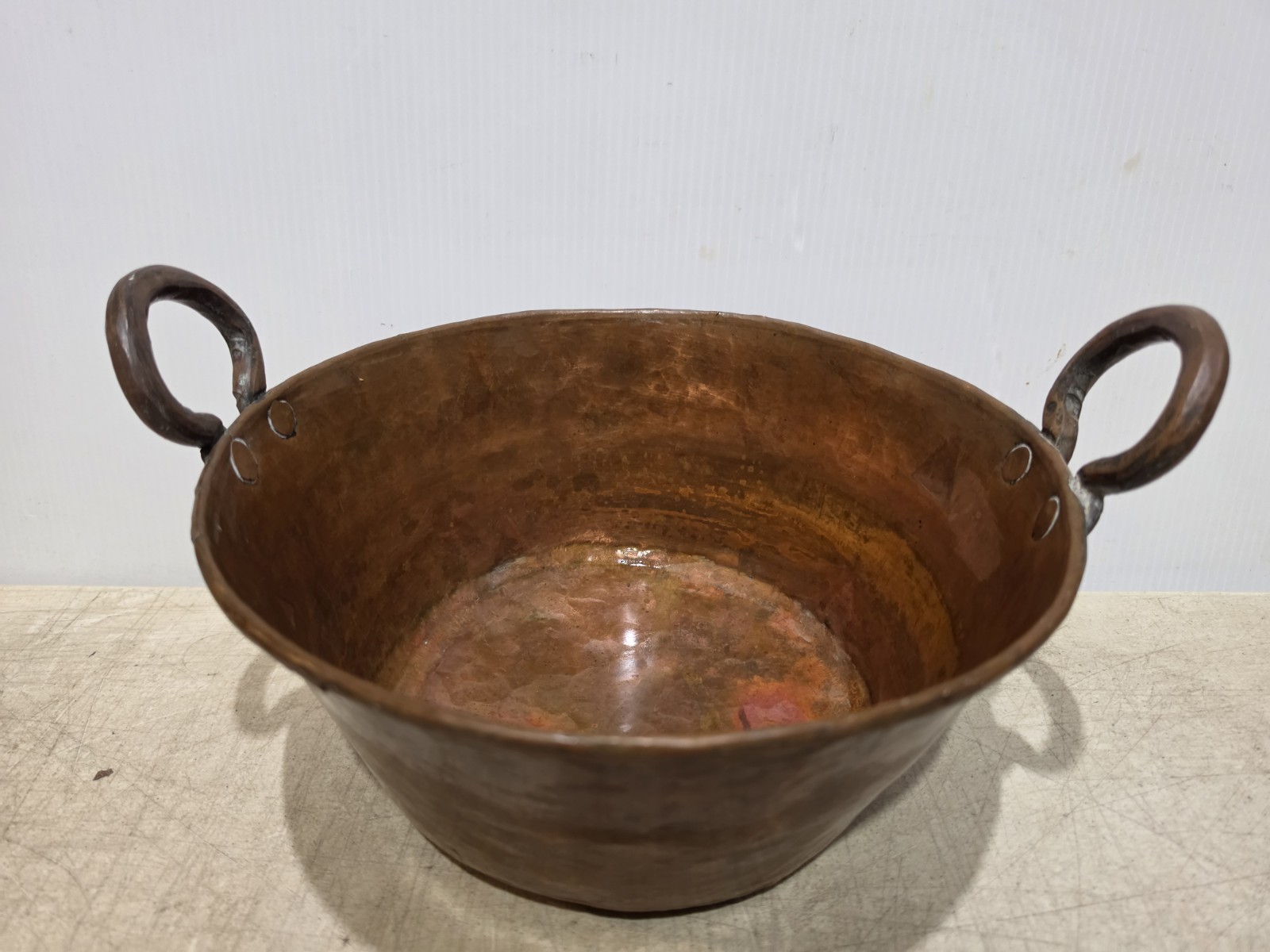 Large Antique Hand Hammered Copper Cauldron Kettle with Double Handles