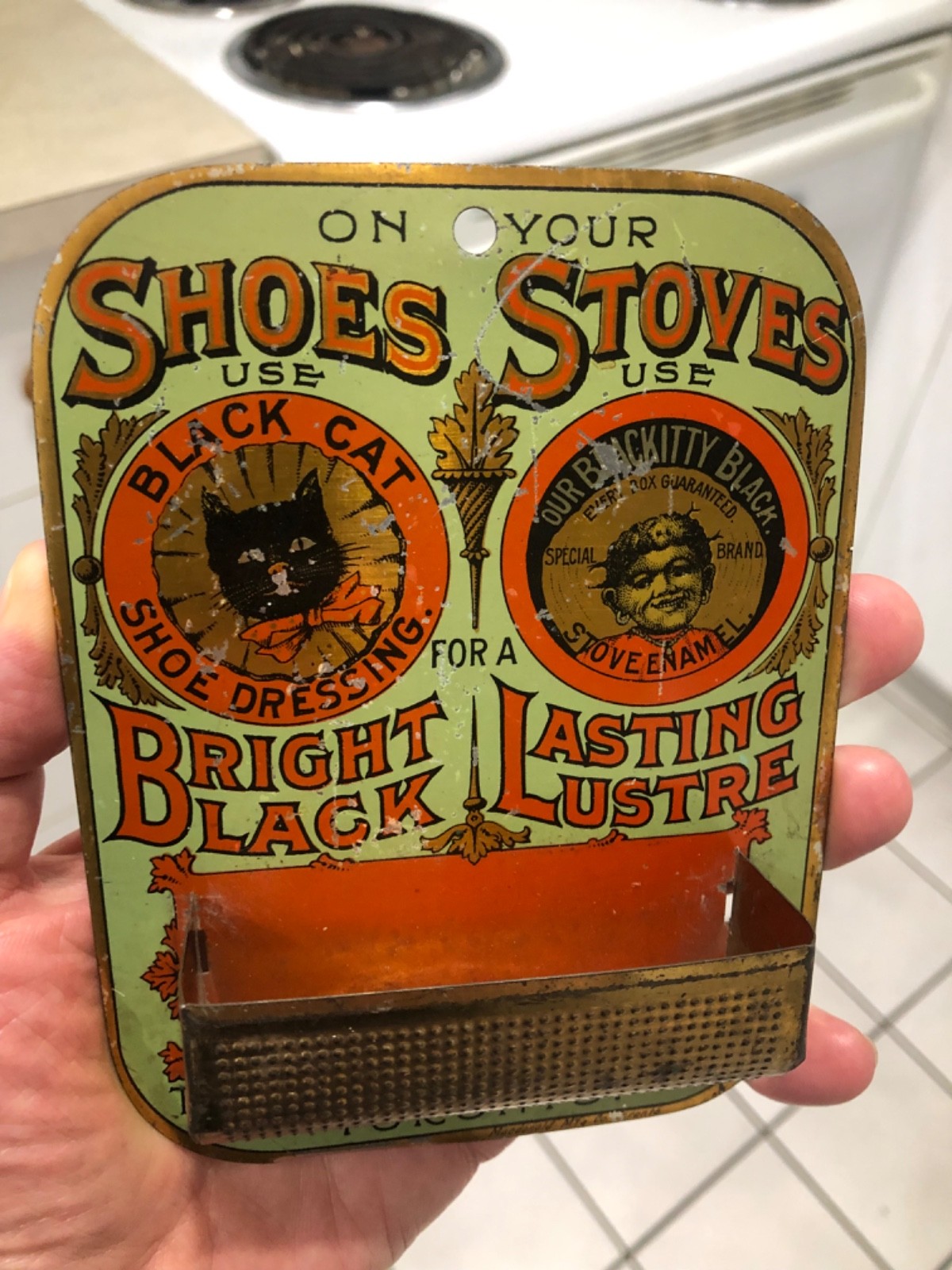 VINTAGE NOS  c1910 CANADIAN “BLACK CAT SHOE DRESSING & STOVE POLISH” MATCH HOLDR