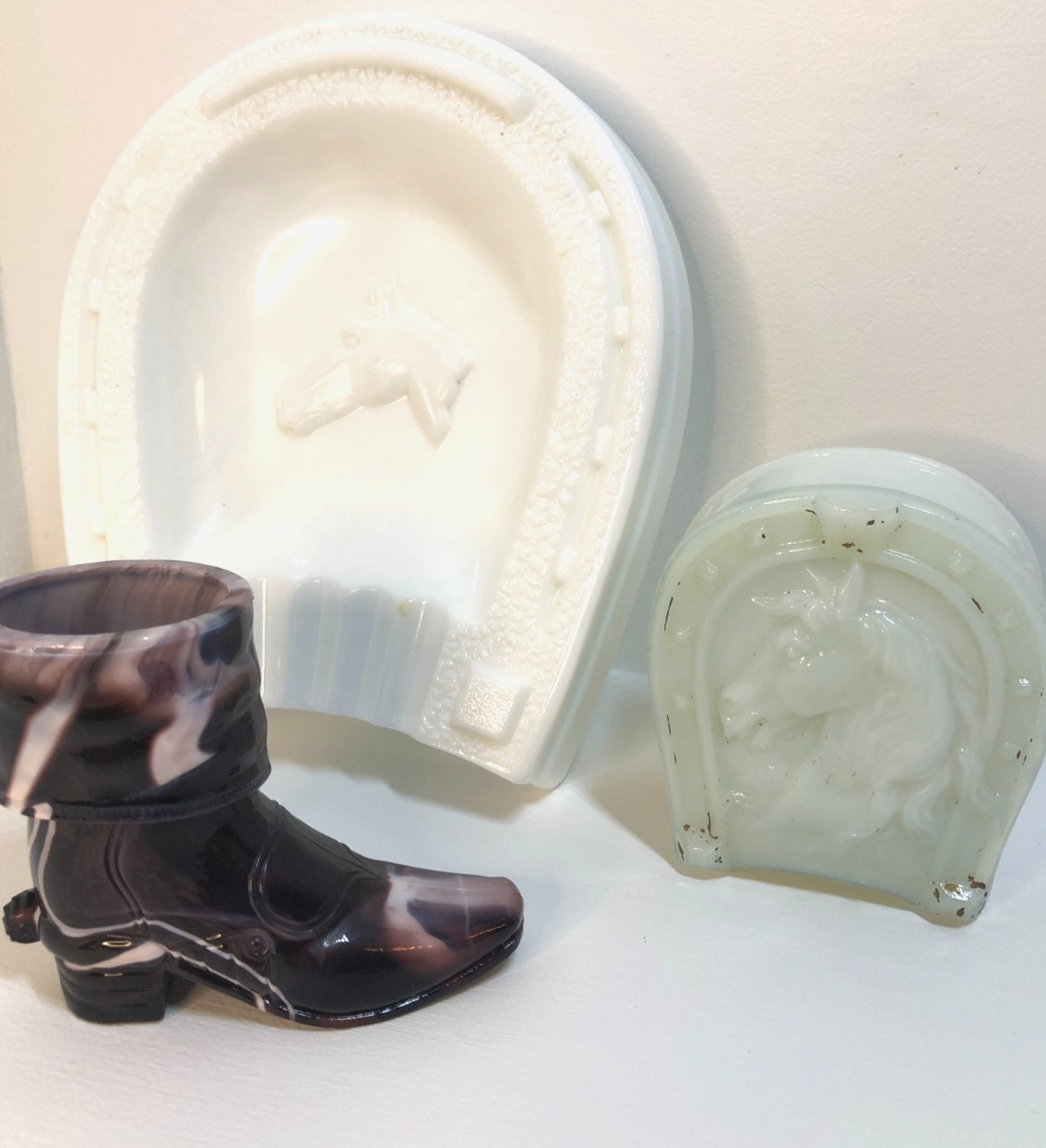 Vintage Western Glass Lot Purple Slag Cowboy Boot & Milk Glass Horseshoe Ashtray