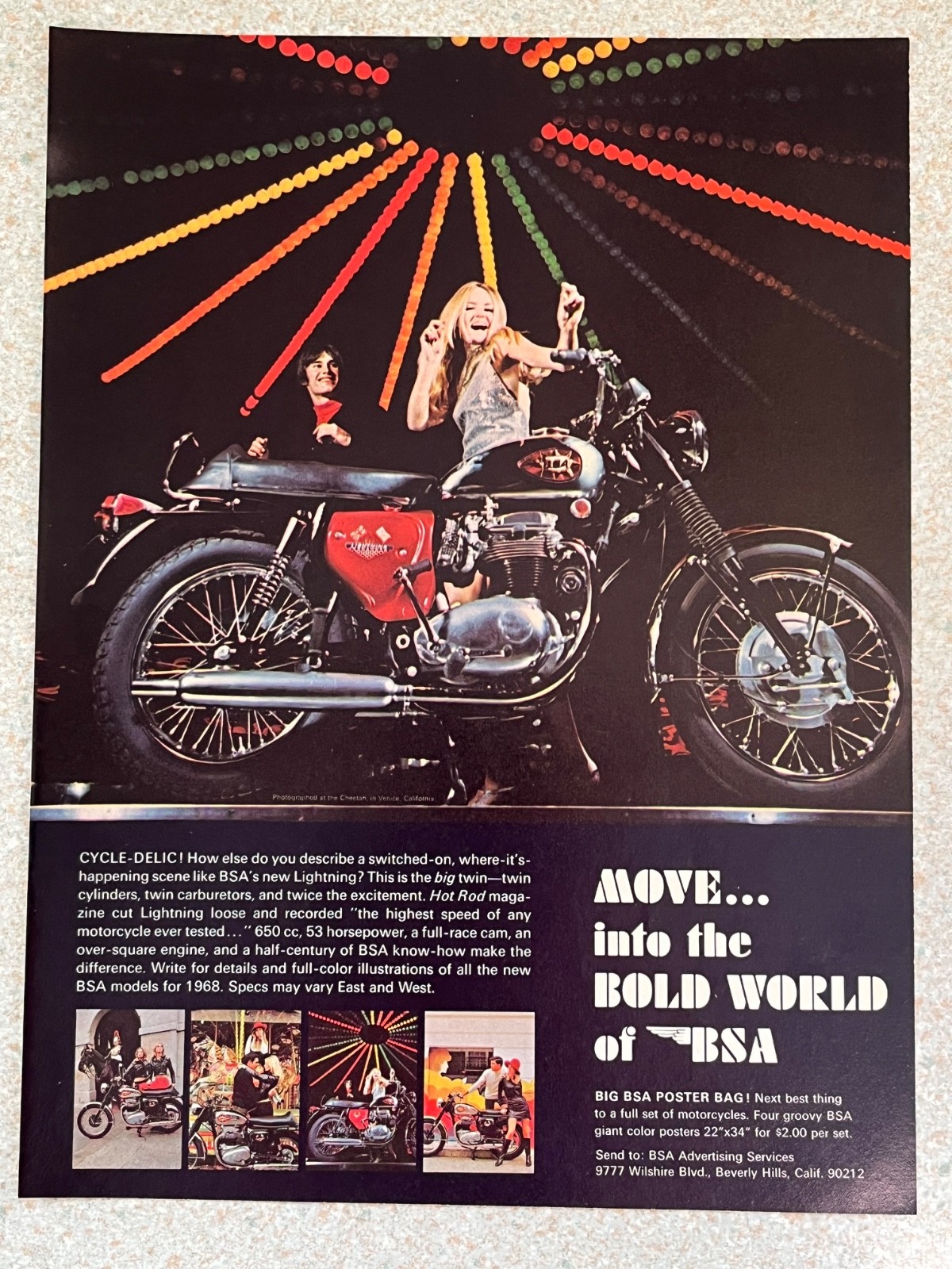 1968 BSA 650cc 53HP Lightning Motorcycle Vintage Original Print Ad