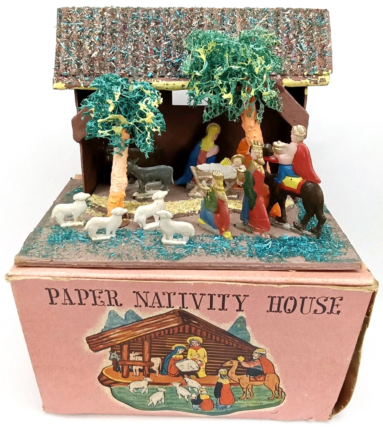 Antique 1940s Putz Christmas Paper Nativity House With Original Box New Arrival