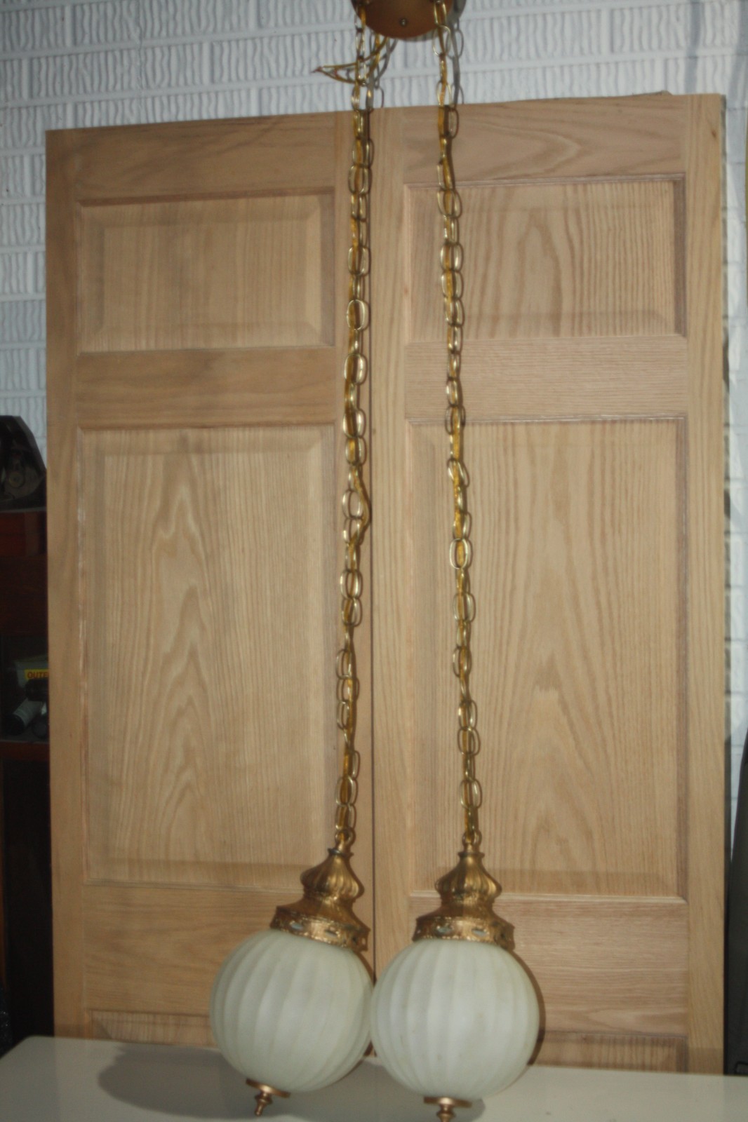 Vintage MCM Hollywood Regency Faux Brass Two Light Glass Pendant Light Fixture