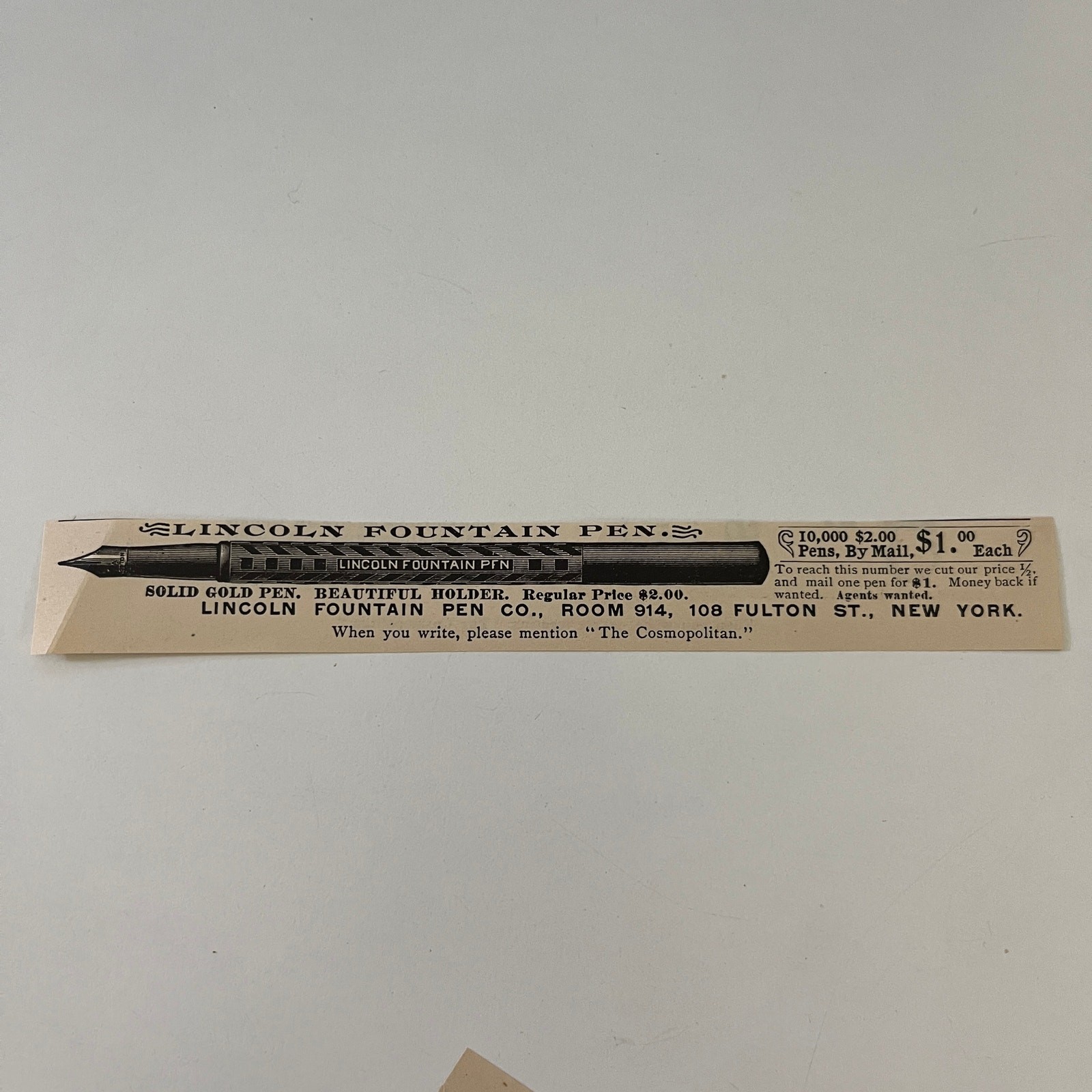 Lincoln Fountain Pen Co 108 Fulton St NYC 1895 Cosmopolitan Clipping SAH6-H4